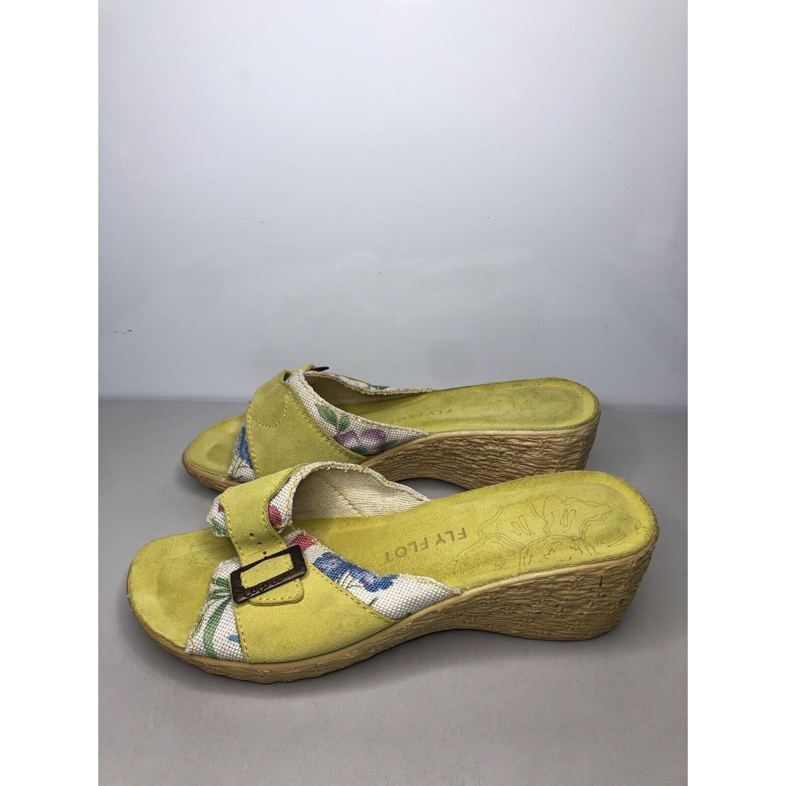 Other FLY FLOT Anti Shock Yellow Suede Floral Buckle Wedge Sandals Size US 10.5 / IT 40.5 - 6 Thumbnail