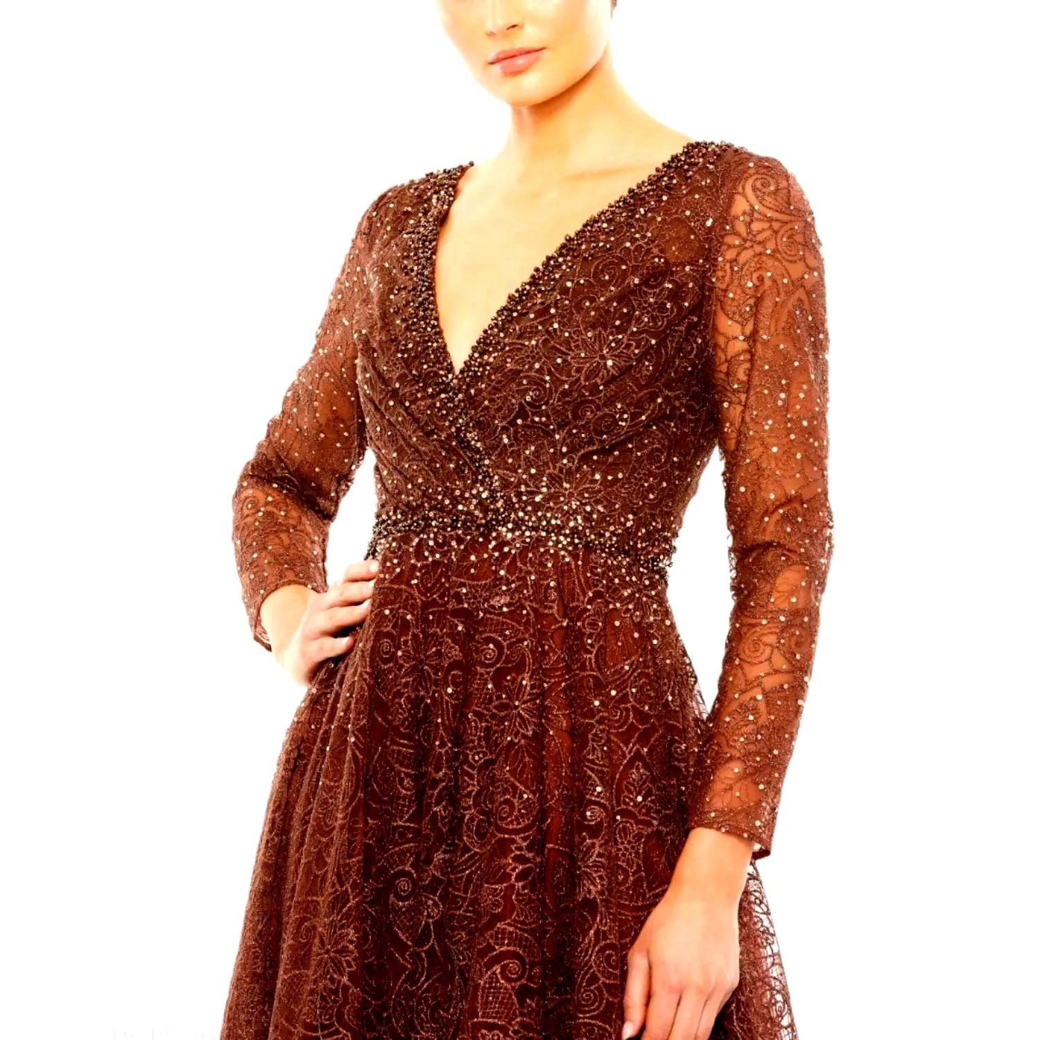 Other Mac Duggal Embellished Illusion V-Neck Gown Chocolate 12 Size XL / US 12-14 / IT 48-50 - 4 Thumbnail