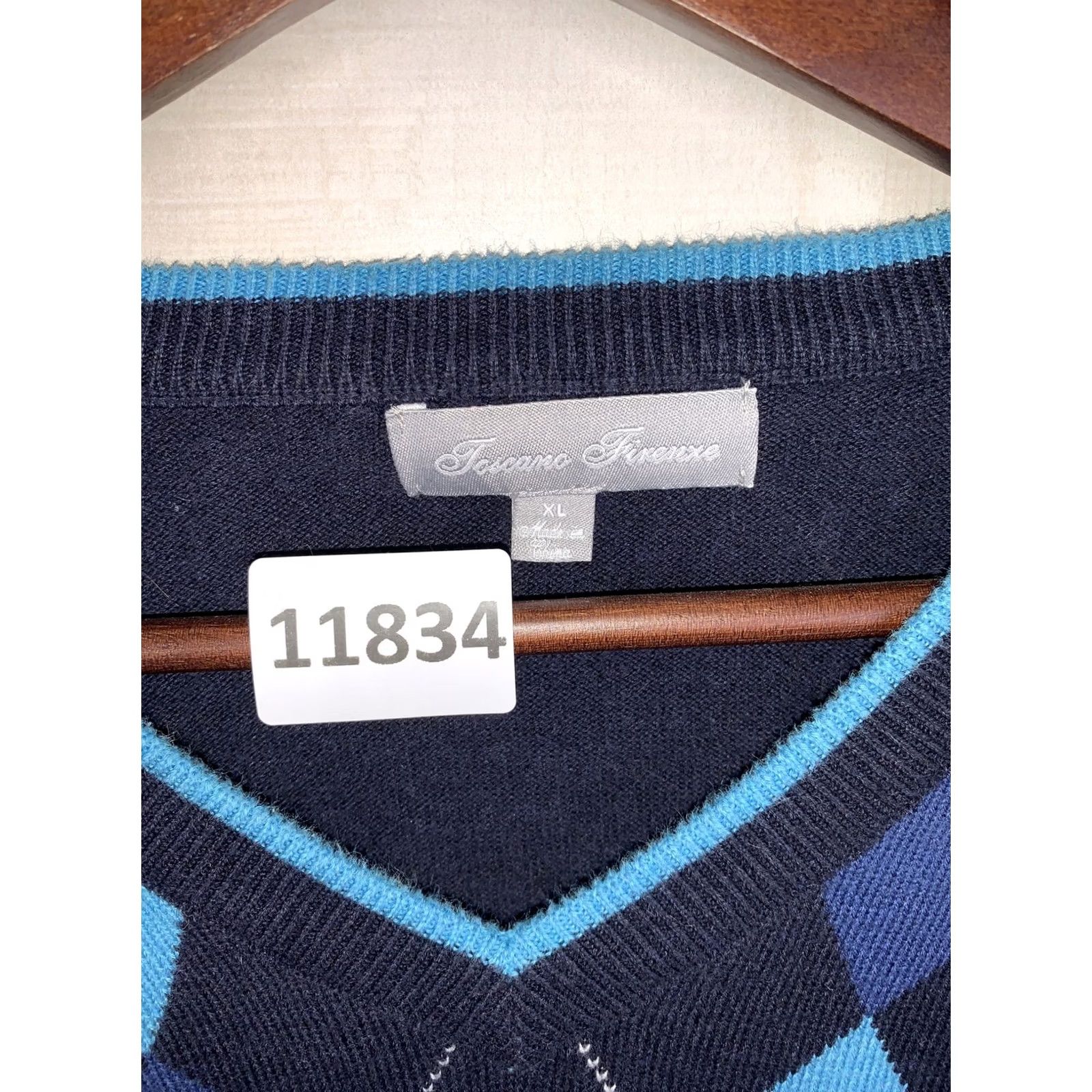 Vintage Toscano Firenxe 100% Combed Cotton Navy Blue Argyle V-Neck Mens Sweater XL-11834 Size US XL / EU 56 / 4 - 2 Thumbnail