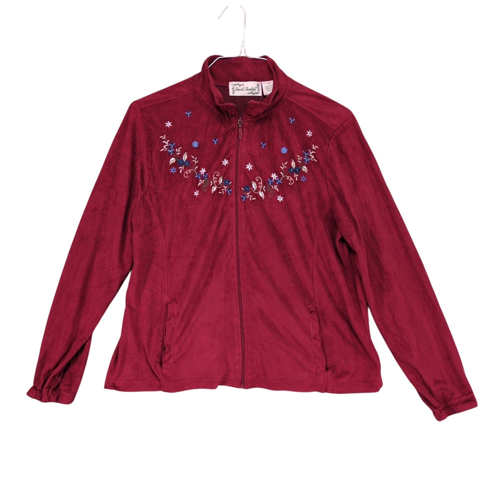 Vintage 90s Sarah Bentley XL Red Microfiber Floral Full Zip Jacket Size XL / US 12-14 / IT 48-50 - 1 Thumbnail