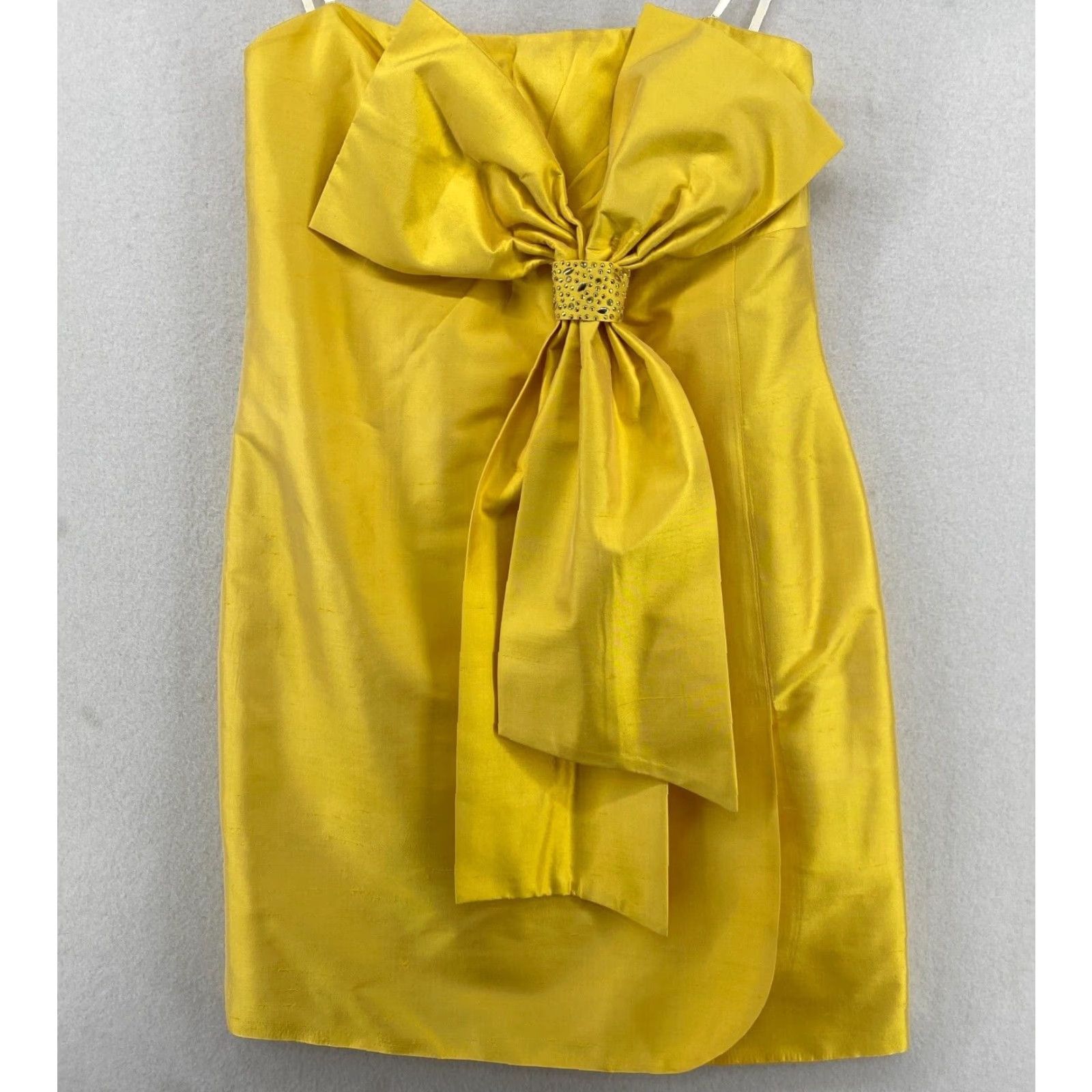 Alaxia Admor Silk Mini Dress M Strapless Bow Yellow Cocktail Party USA Womens