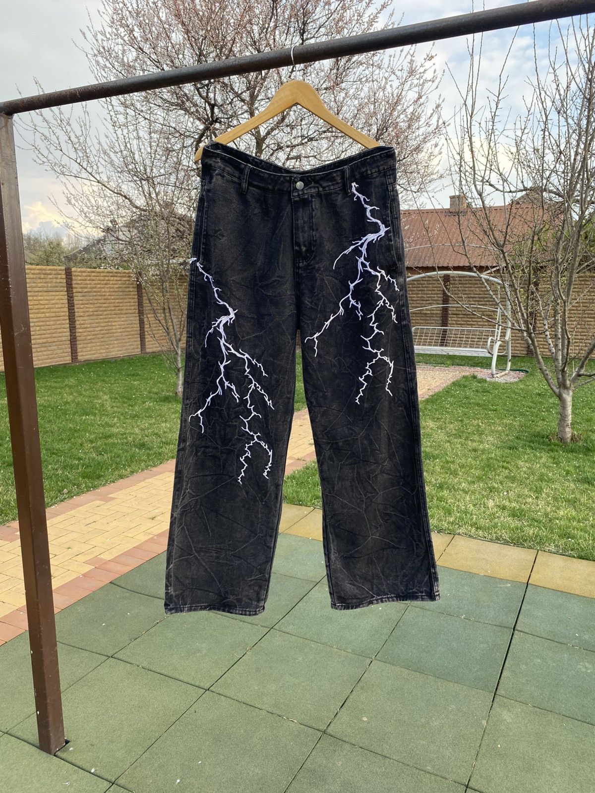 Vintage Black wide-leg jeans with lightning embroidery, Y2K, size L Size US 34 / EU 50 - 1 Thumbnail