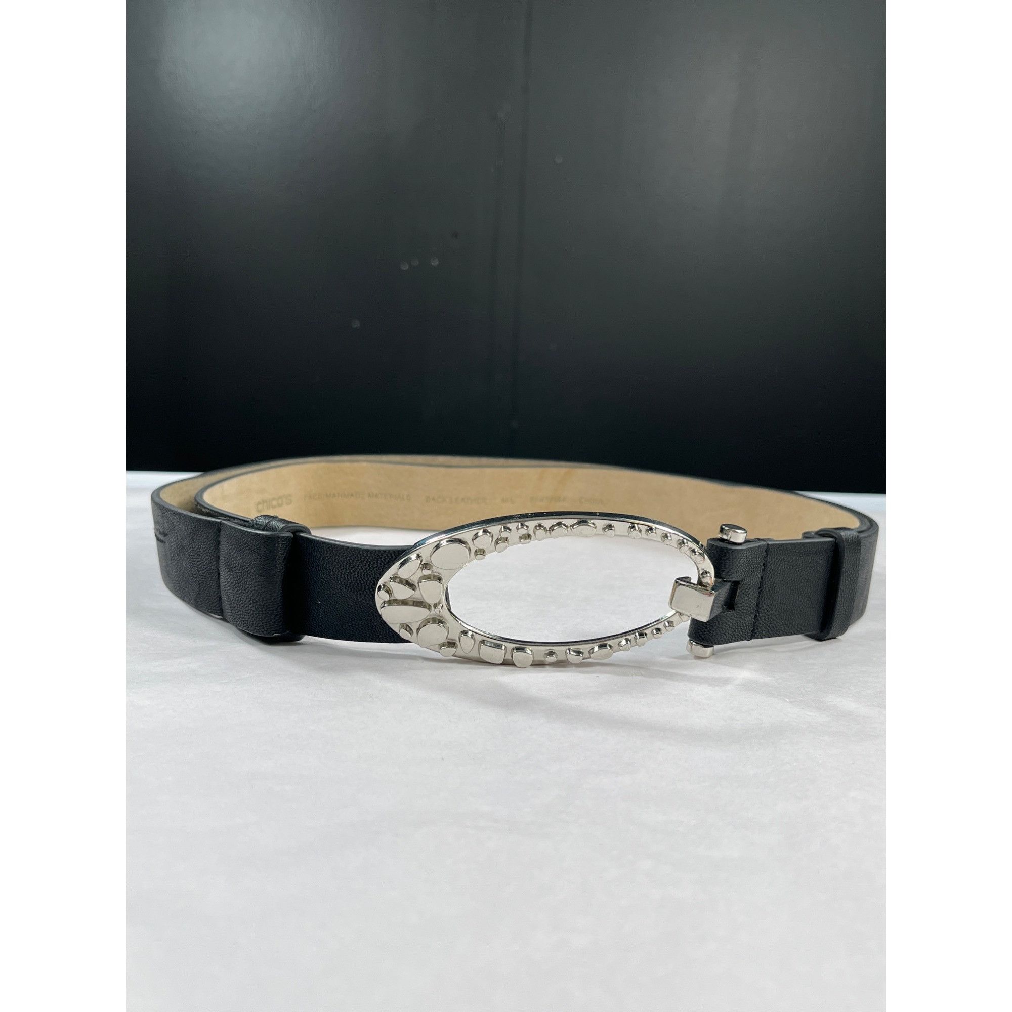 Chicos Chicos Black Leather Belt SKU 7518 With ADjustable back, Sil Size ONE SIZE - 1 Thumbnail