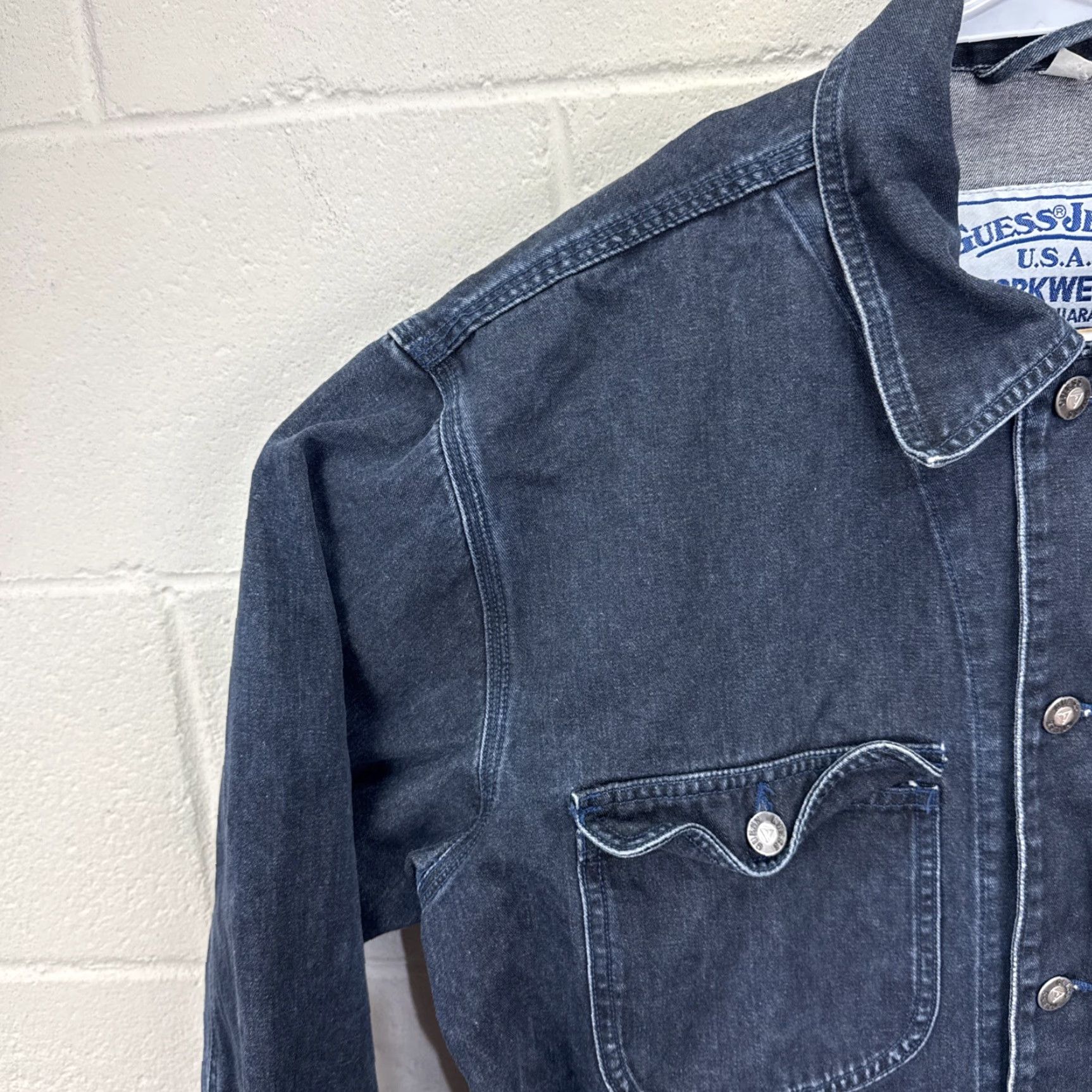 Guess VTG Guess Jeans Chore Jacket Mens L Denim Blue 90s Workwear USA Buttons Pockets Collared Long Jacket Mens Size US 33 - 5 Thumbnail