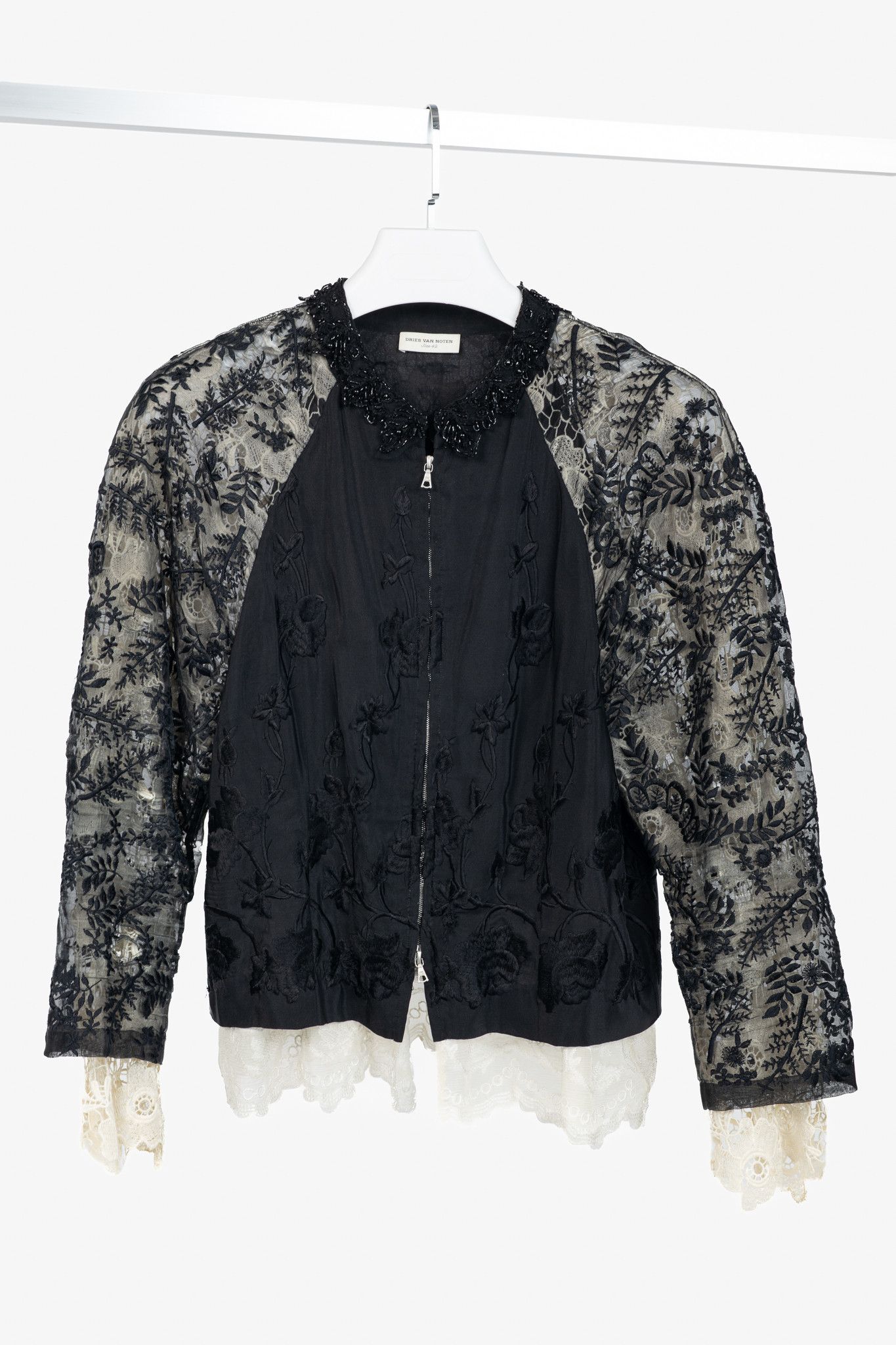 Dries Van Noten Dries Van Noten Black Embroidered Silk & Lace Bomber Jacket Size S / US 4 / IT 40 - 1 Thumbnail