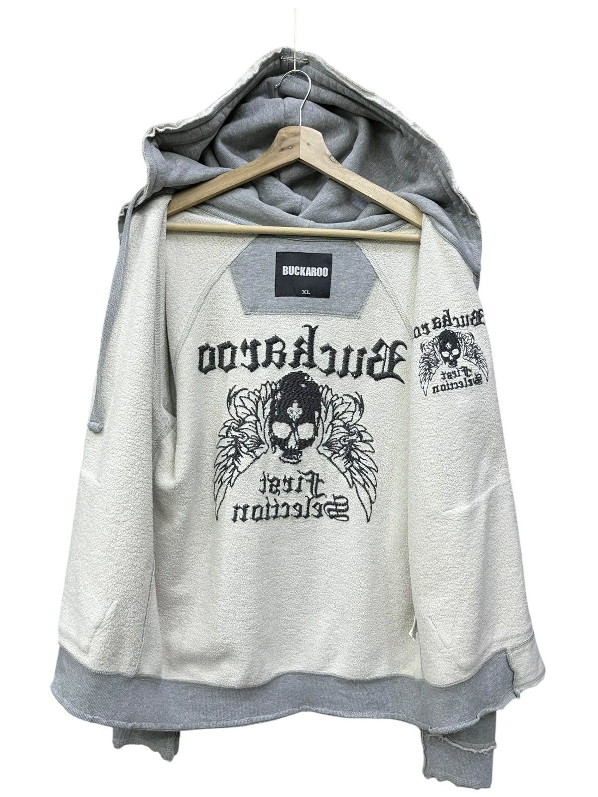 BUCKAROO RARE💀Buckaroo Punk Skull Embroidery Raw Hem Zip Hoodie Grey Size US M / EU 48-50 / 2 - 8 Thumbnail