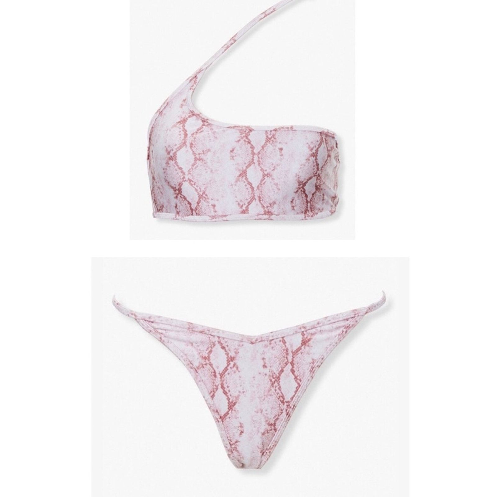 Forever 21 NWT White Rose Pink Snakeskin Print Bikini Set One Shoulder Size S / US 4 / IT 40 - 1 Thumbnail