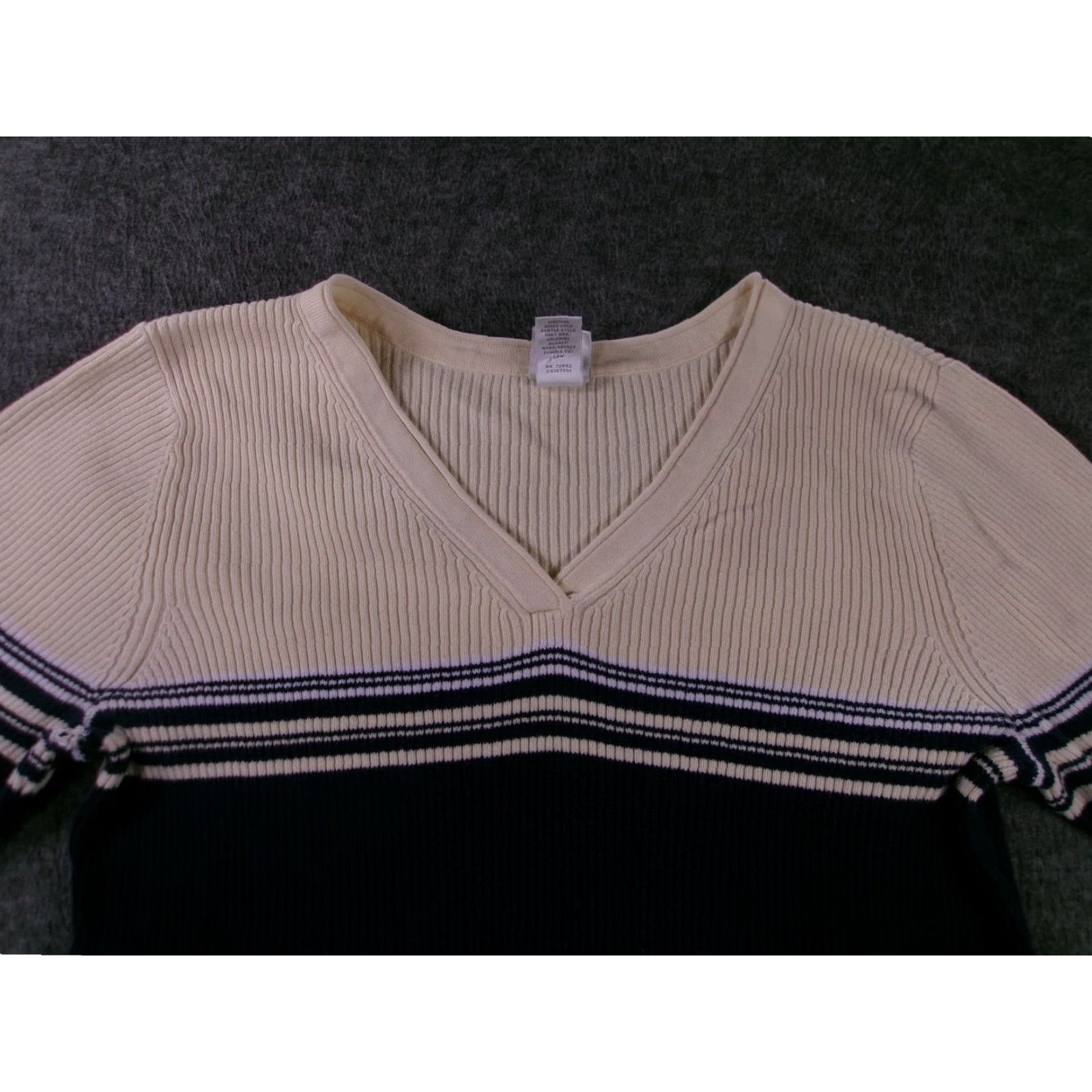 Vintage FASHION BUG Sweater Women 14 Navy Cream Striped Ribbed V-Neck Pullover Long Sleeve Casual Y2K Preppy Size XL / US 12-14 / IT 48-50 - 3 Thumbnail