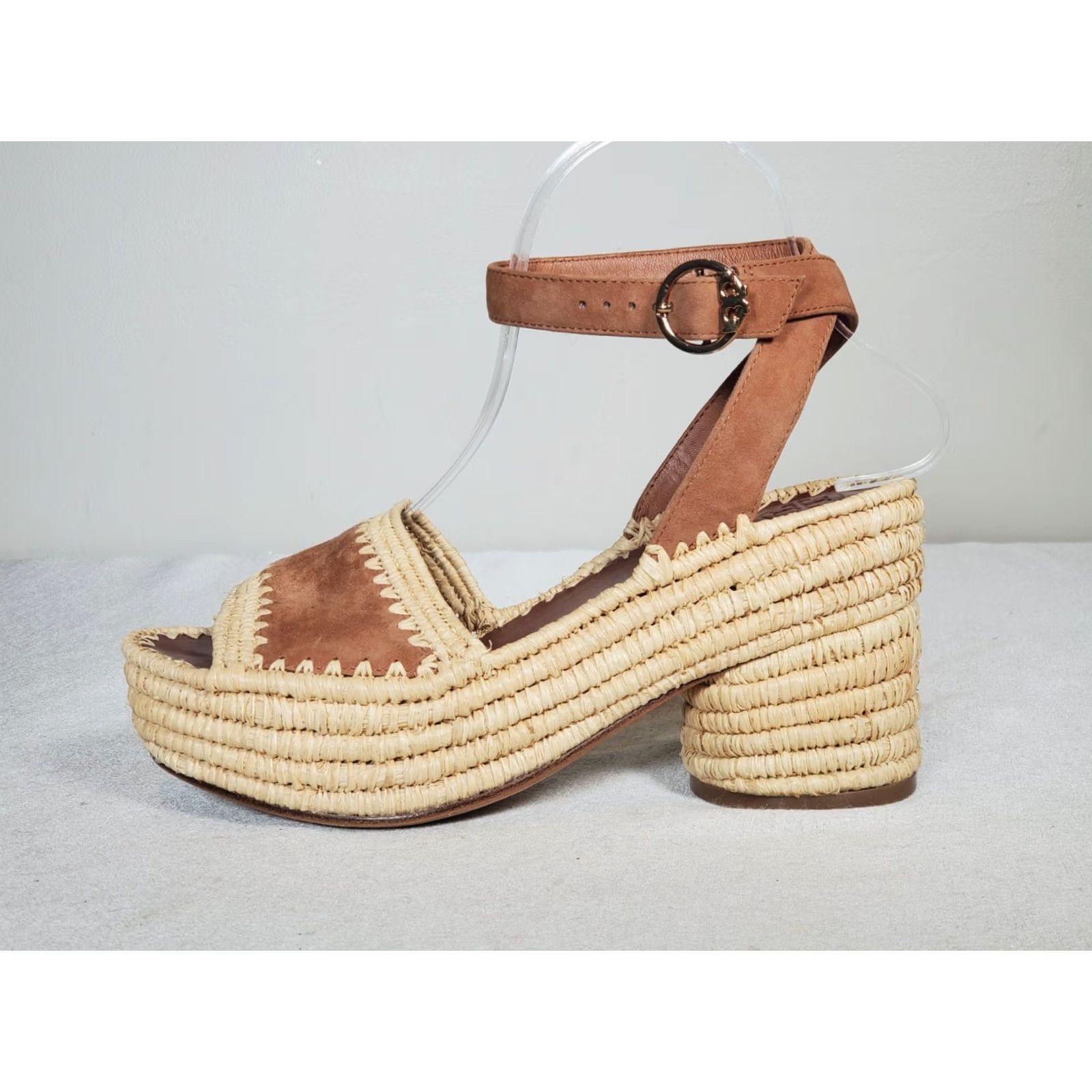 Tory Burch Tory Burch Arianne 90mm Raffia Platform Sandal Tan Suede Ankle Strap Women US 8 Size US 8 / IT 38 - 6 Thumbnail