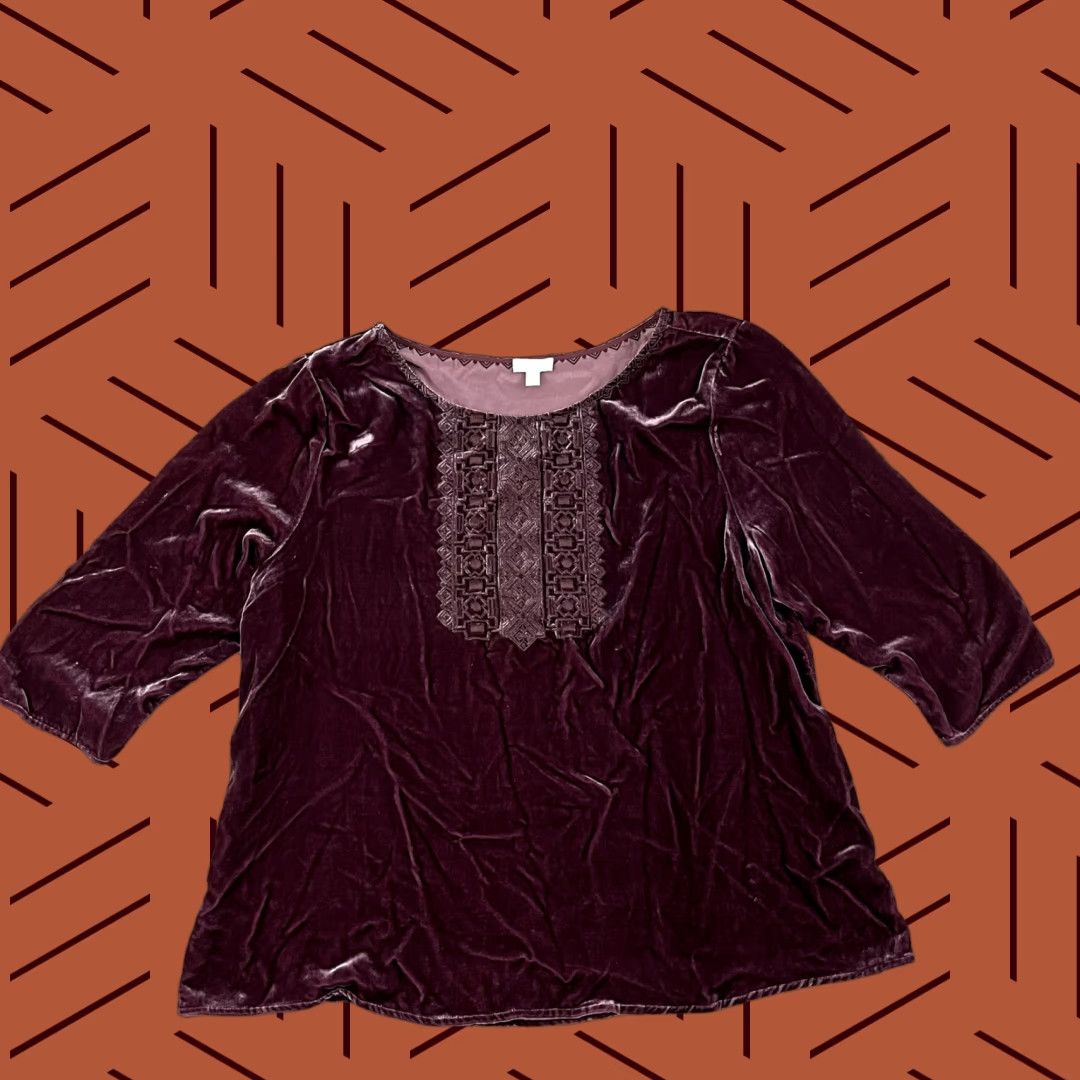 Vintage GARNET HILL Purple Velour Blouse Womens Size 14 3/4 Sleeve Silk Blend Casual Top Size XL / US 12-14 / IT 48-50 - 1 Thumbnail