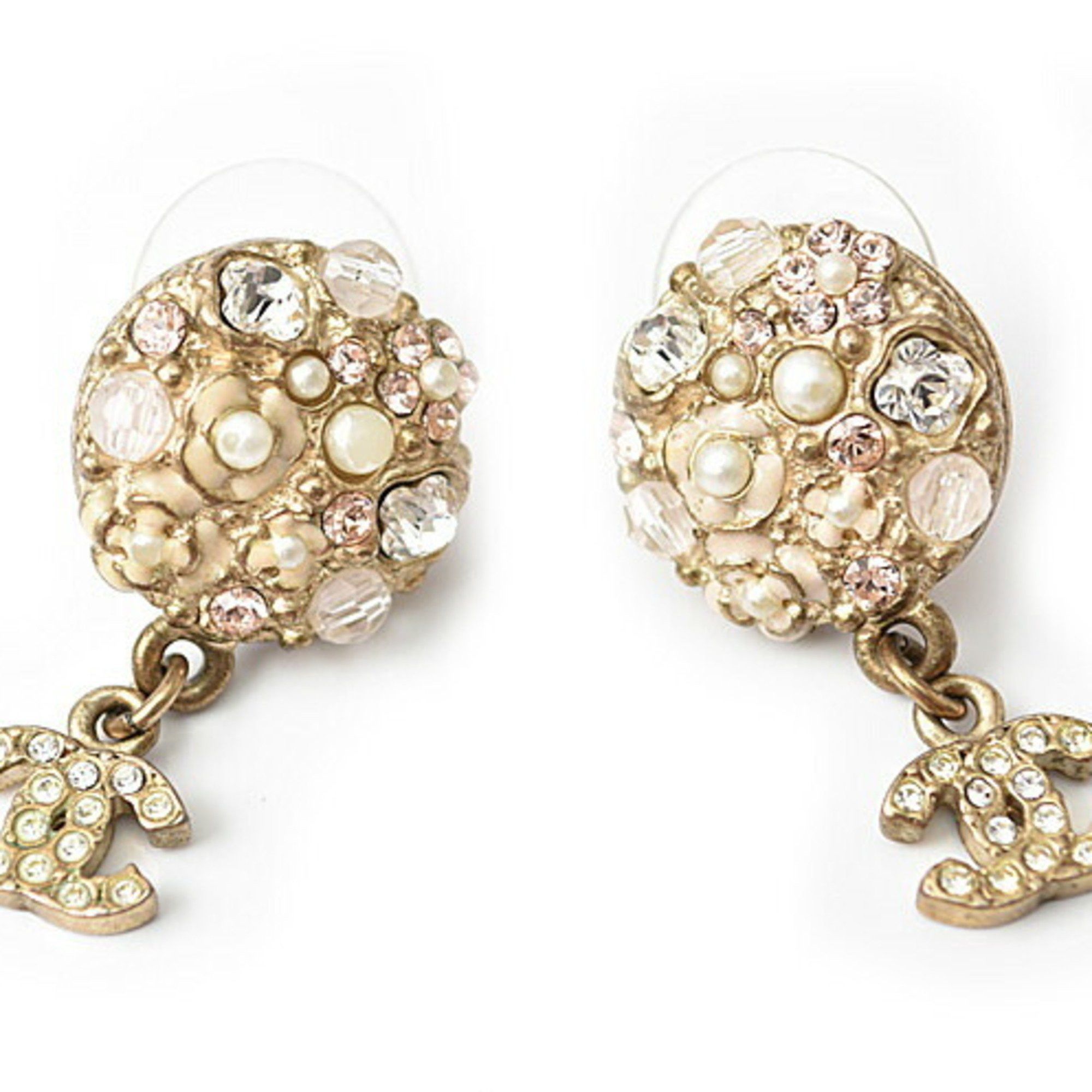 image of Chanel Earrings Chanel Circle Pearl Motif Rhinestone Gold, Women's