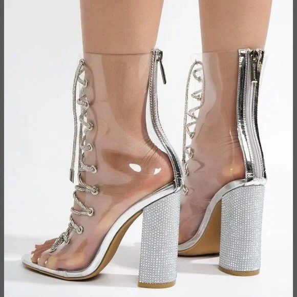 Other See Me Silver Rhinestone Laces Heels Clear Upper Open Toe An Size US 9 / IT 39 - 7 Thumbnail