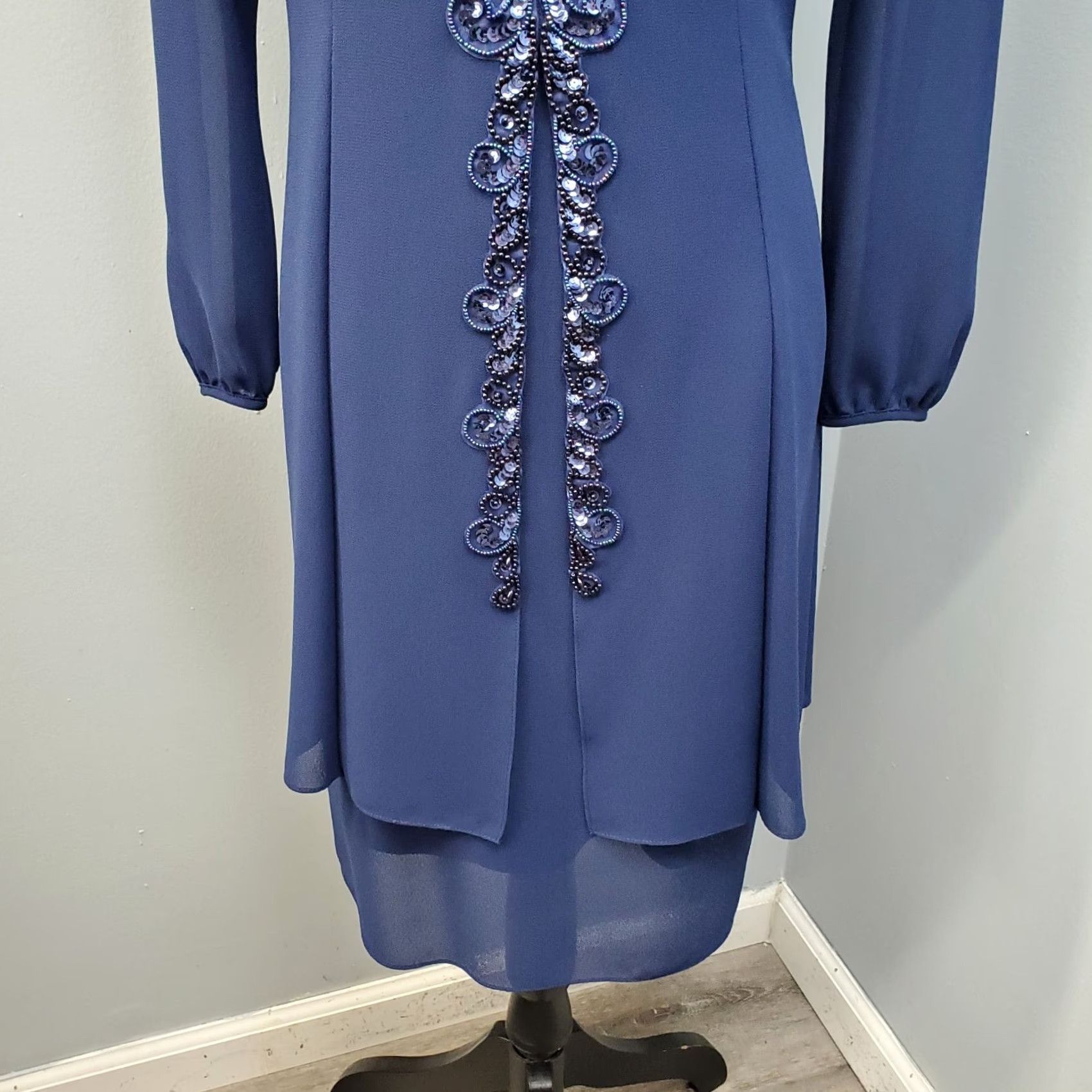 Vintage Ursula Dress Womens 6P Navy Beaded Embellished Shoulder Pads Back Zip Midi Dress Size M / US 6-8 / IT 42-44 - 6 Thumbnail