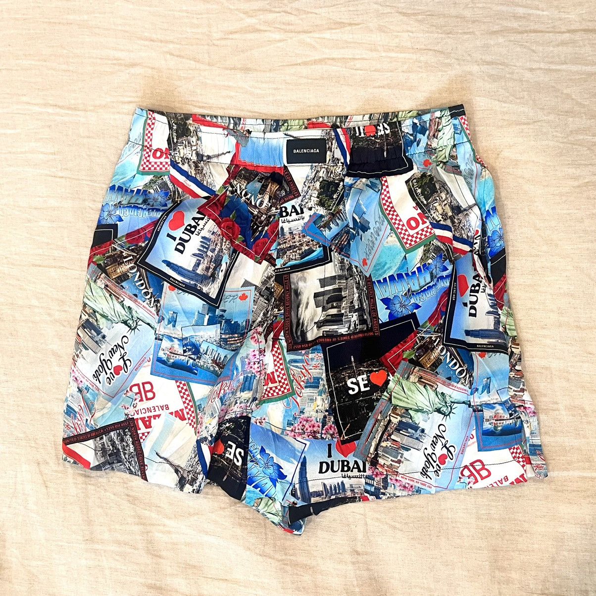 Balenciaga $1050 Balenciaga Logo Postcard Print Silk Shorts, Size 44 Size US 28 / EU 44 - 1 Thumbnail
