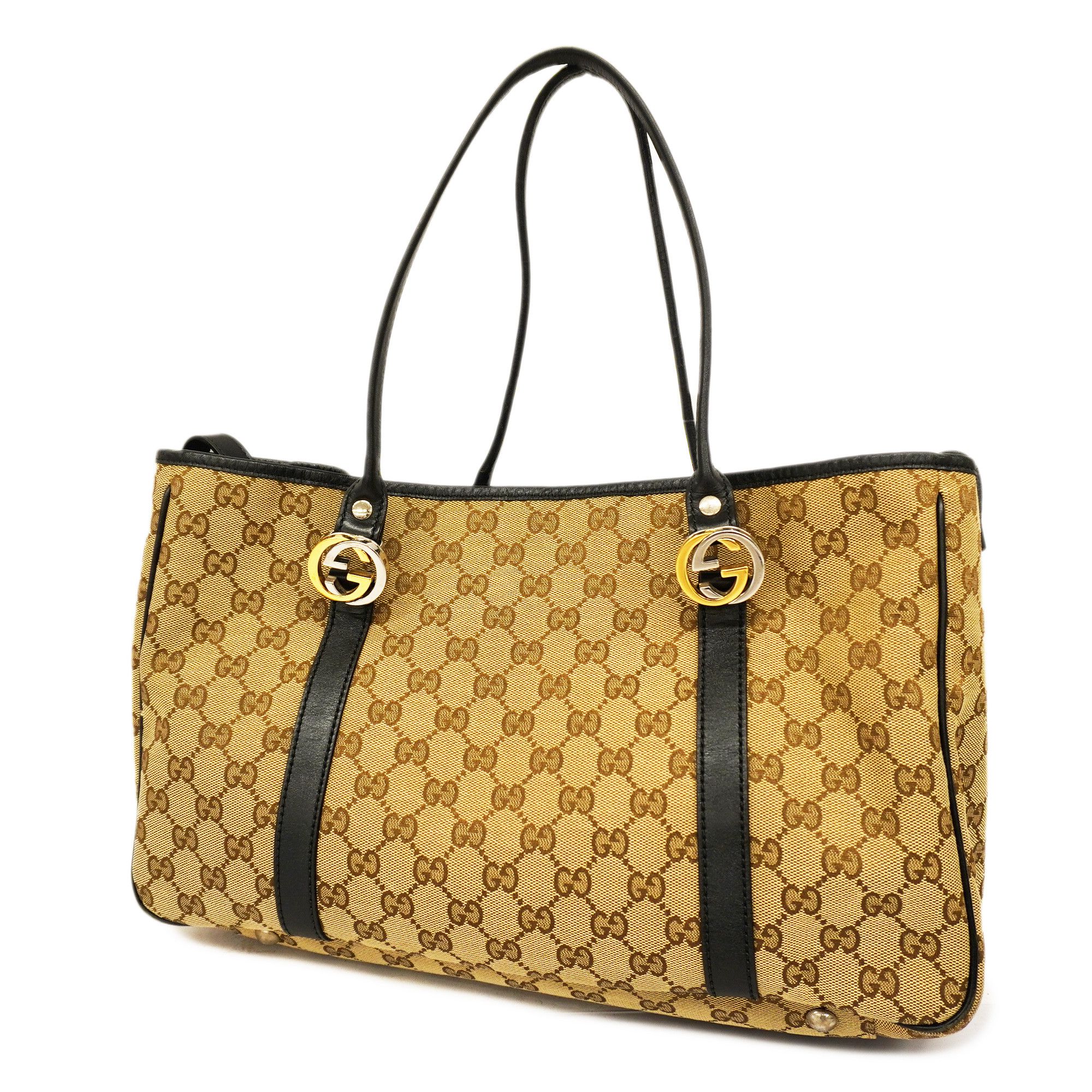 GUCCI Gucci GG Canvas Sherry Line Handbag Boston Bag Leather Beige Dark  Brown 232948