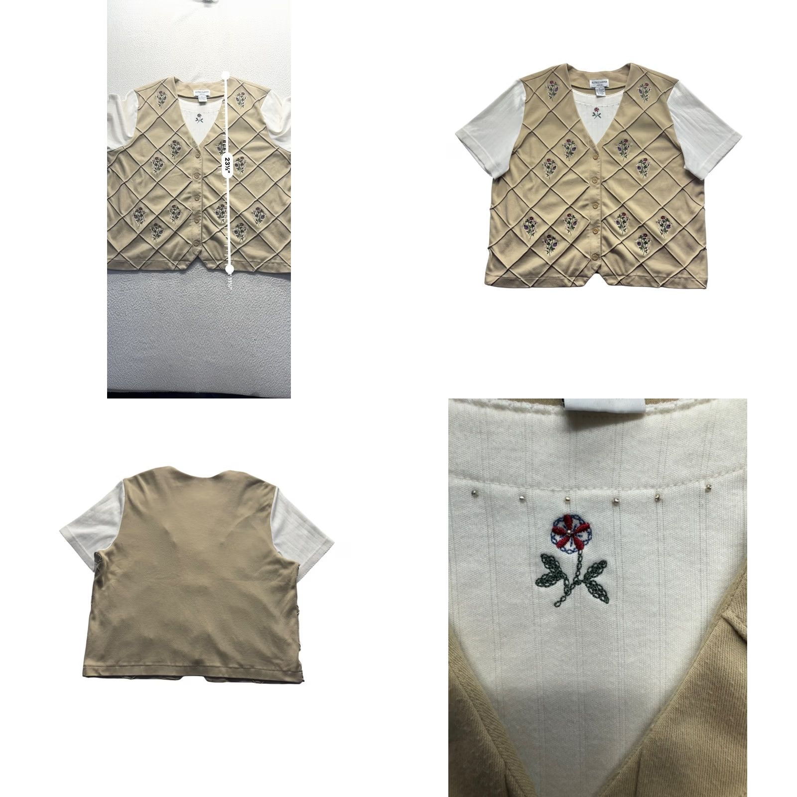Vintage Alfred Dunner Blouse Shirt XS Womens Petite Floral Embroidered Short Sleeve Button-Front Vest Top Beige Cotton Polyester Knit Modern Casual 81B Size XS / US 0-2 / IT 36-38 - 8 Thumbnail