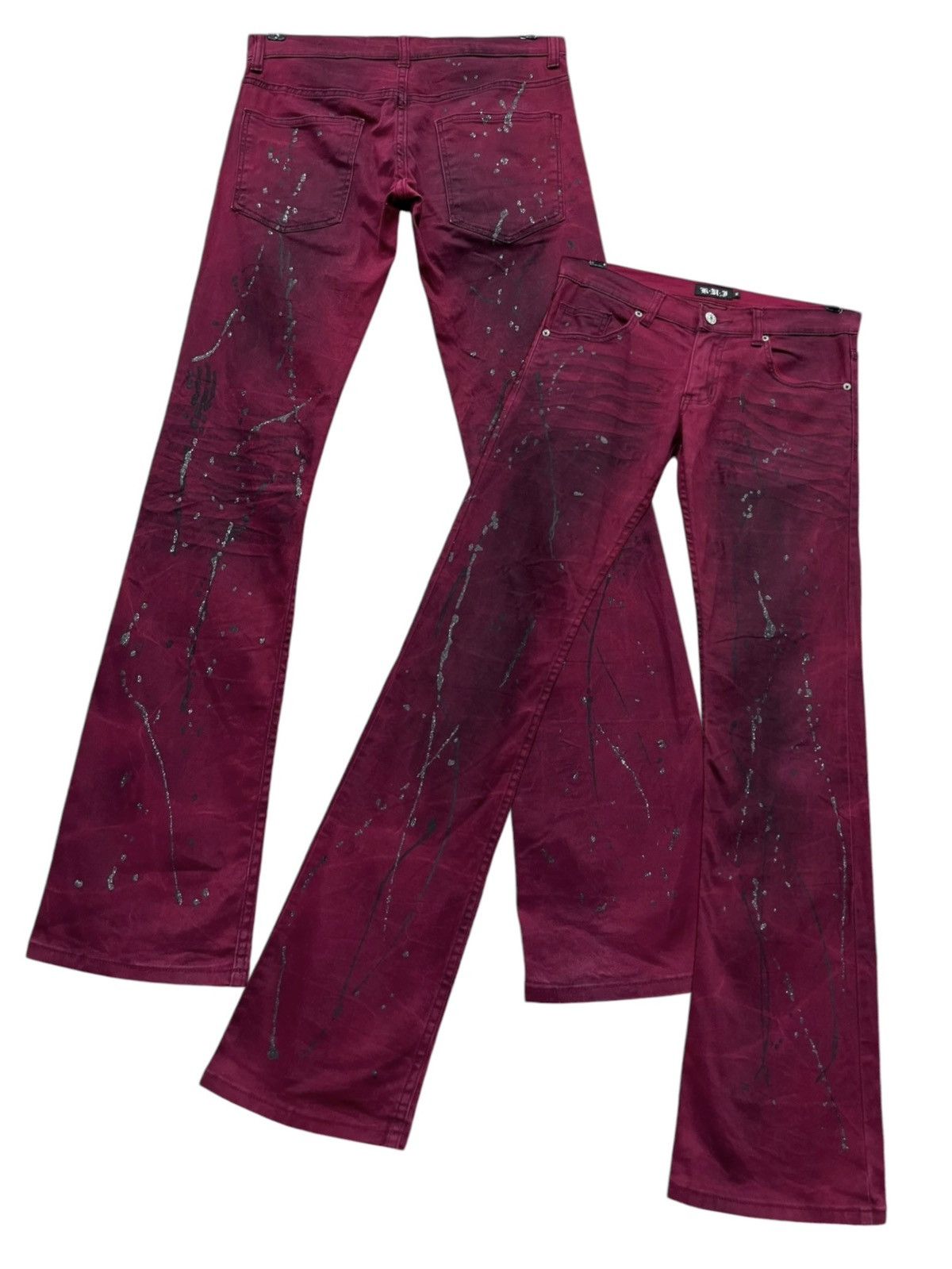If Six Was Nine 🔥Vintage KUI Smoked Red Glitter Splattered Stretch FLARE💥 Size US 30 / EU 46 - 4 Thumbnail