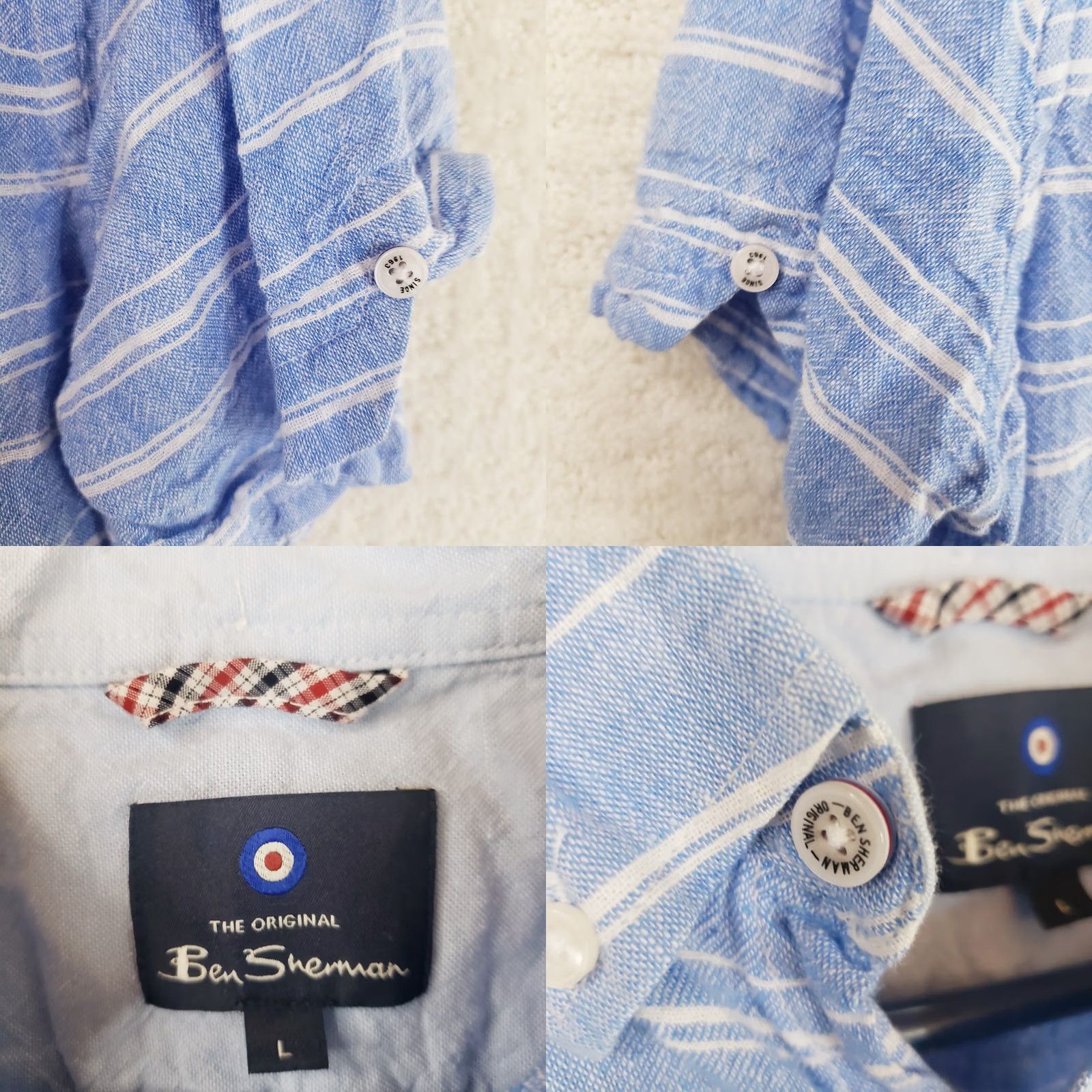 Ben Sherman Ben Sherman Mens L Blue Stripe Linen Blend Shirt Short Sleeve Collared Button-Up Casual Size US L / EU 52-54 / 3 - 9 Thumbnail