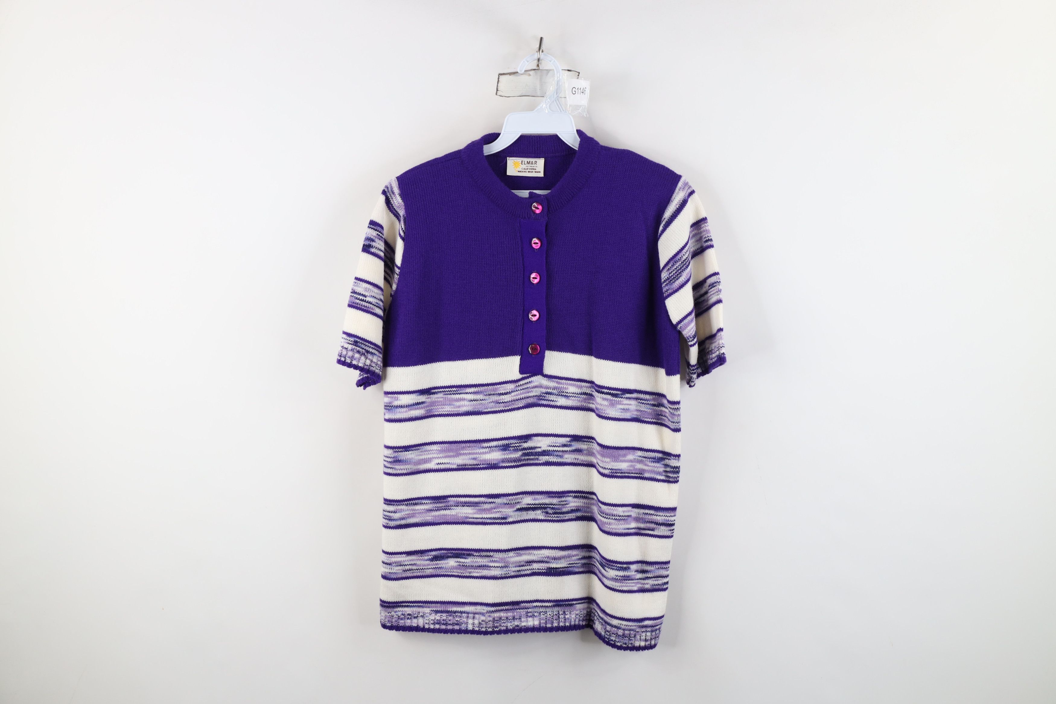 Vintage Vintage 50s 60s Button Striped Knit Short Sleeve Sweater USA Size M / US 6-8 / IT 42-44 - 1 Thumbnail
