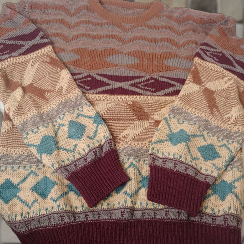 Vintage VINTAGE 1970s Men Sweater Pullover Crew Neck Long Sleeve Geometric Knit Acrylic Large Brown Blue Retro Grandpa Size US L / EU 52-54 / 3 - 1 Thumbnail