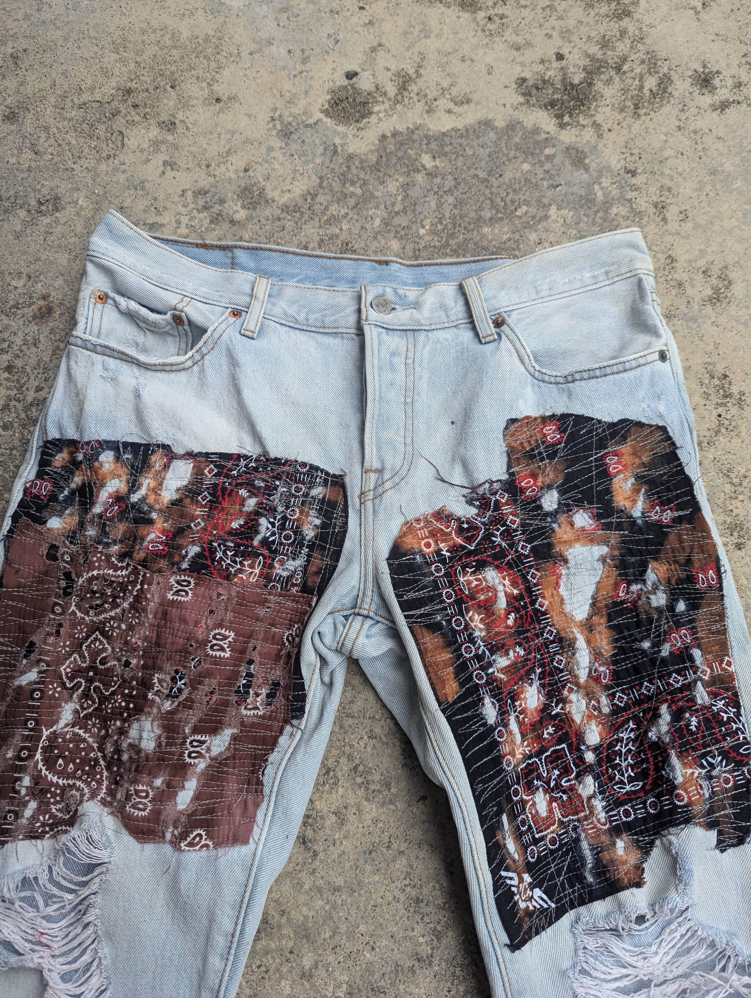 Levi's × Vintage Levis 501 Jeans Distressed Bandana Boro Custom Made Size 33" - 6 Thumbnail