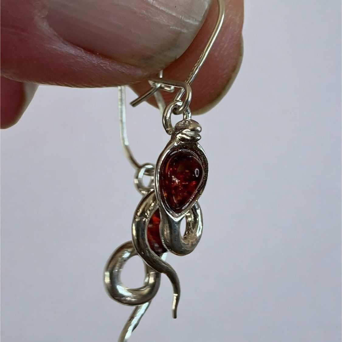 Designer Sterling Silver 925 Snake Drop Dangle Earrings With Amber Size ONE SIZE - 13 Thumbnail
