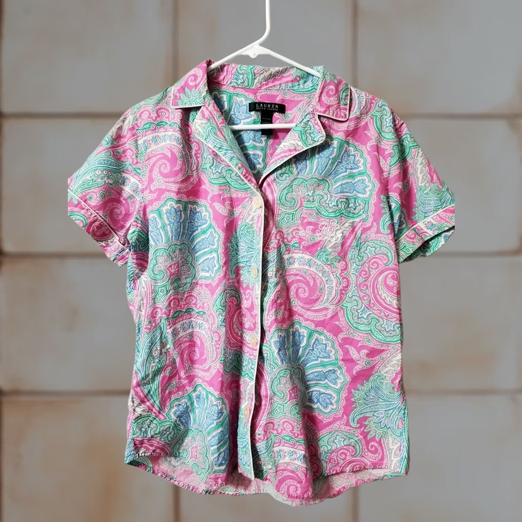 Ralph Lauren Lauren Ralph Lauren Paisley Short Sleeve Top Womens Medium Pink Cotton Button-Up Collared Casual Vintage No N/A Size M / US 6-8 / IT 42-44 - 1 Thumbnail