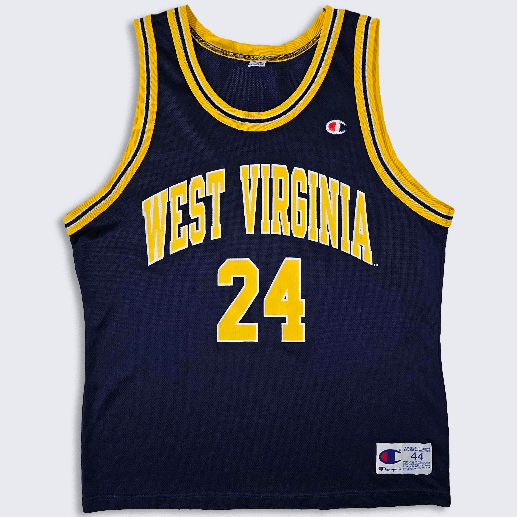 image of West Virginia Mountaineers 90's Champion Basketball Jersey in Black Yellow, Men's (Size Large)