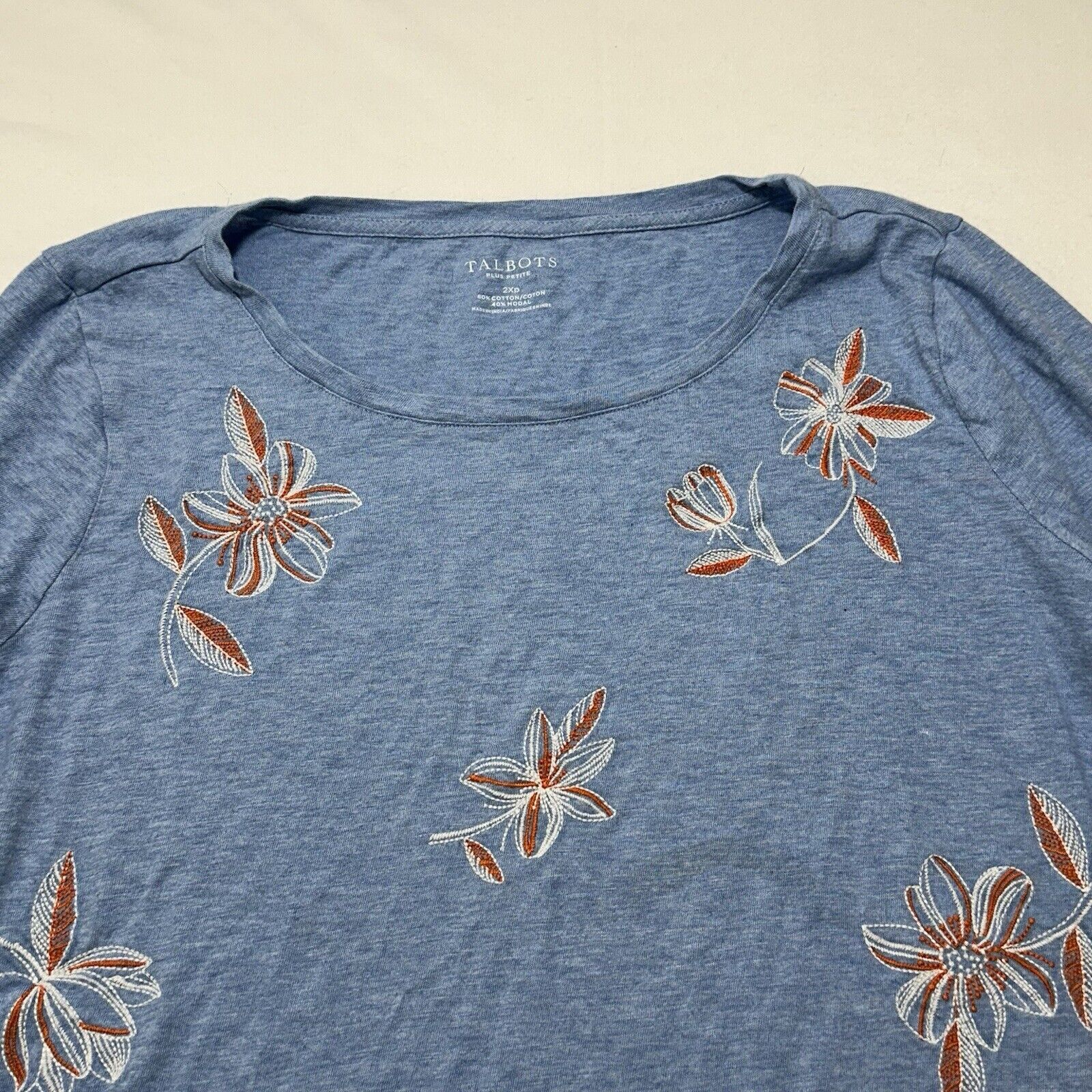 Other Talbots 2XP Blue Floral 3/4 Sleeve T Shirt Embroidered Size XXL / US 16-18 / IT 52-54 - 2 Thumbnail