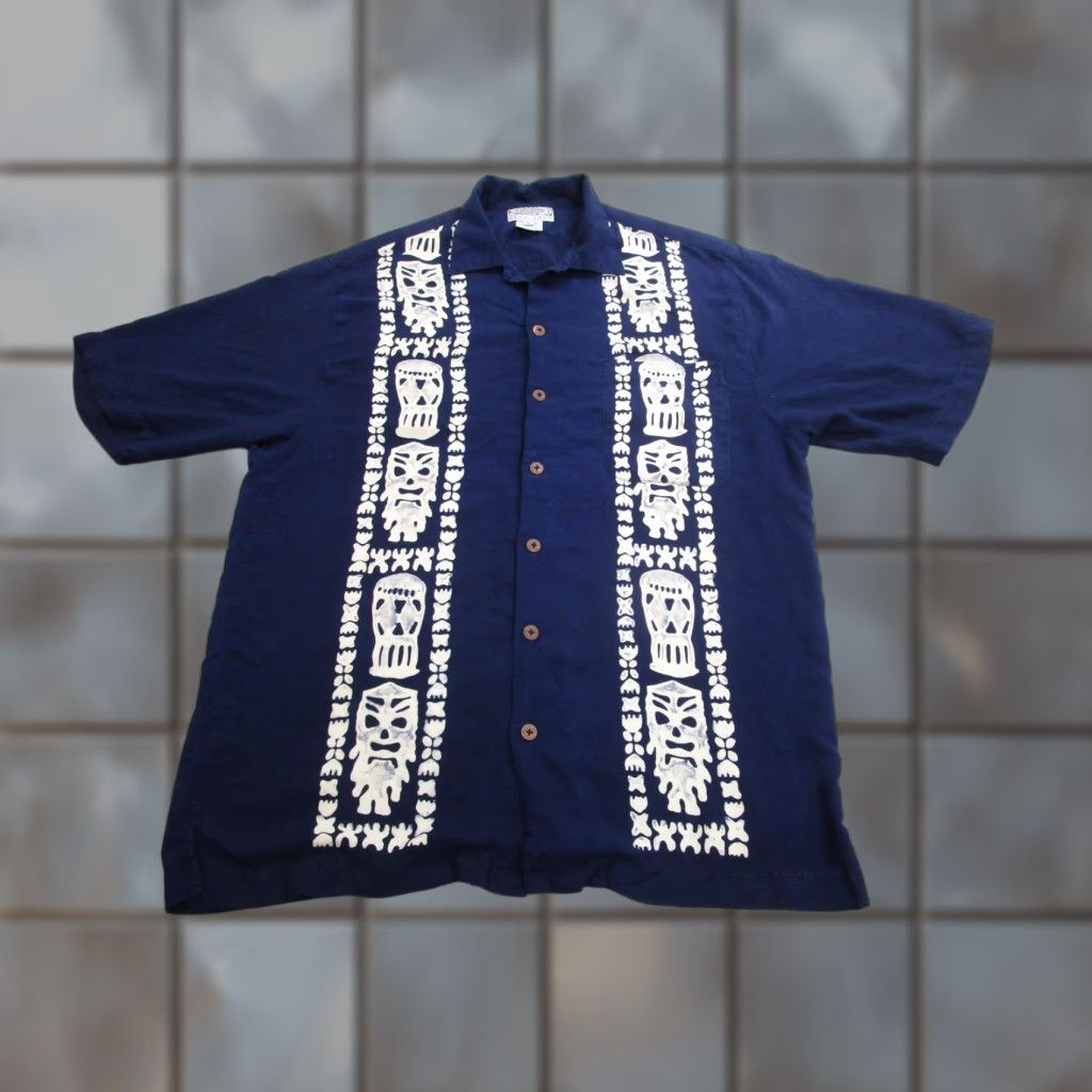 Vintage VINTAGE Back East Hawaiian Shirt Mens Large Navy Blue Rayon Aloha Tiki Camp Button Front Size US L / EU 52-54 / 3 - 1 Thumbnail