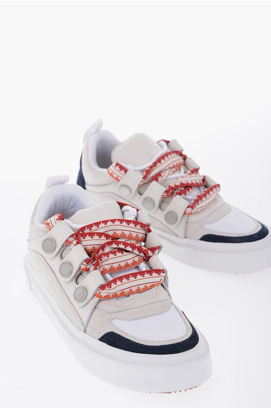 image of Marcelo Burlon Suede And Fabric Ticinella Low Top Sneakers With Maxi String in Beige, Men's (Size 6