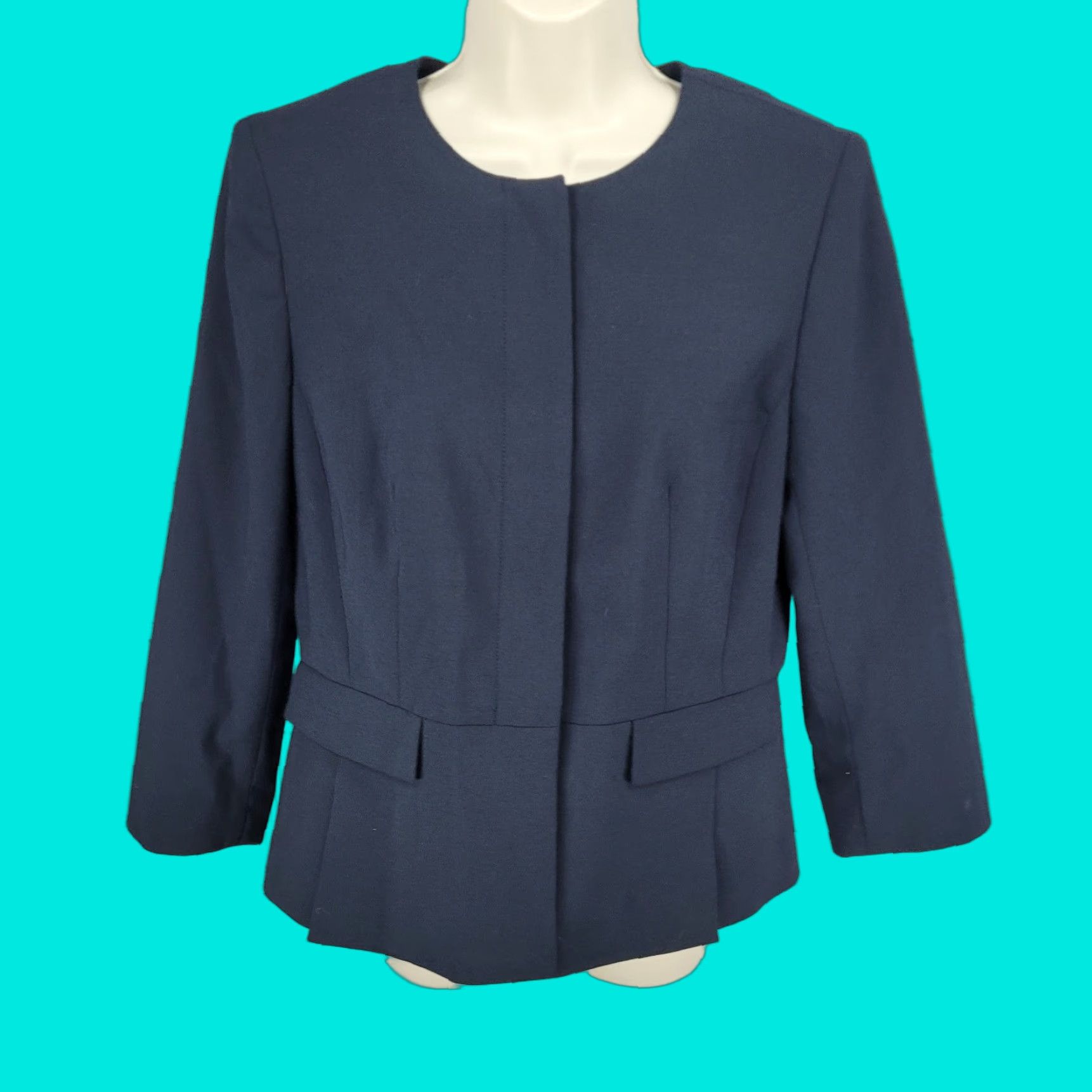 Ann Taylor Ann Taylor Blazer 8 Navy Stretch Buttoned 3/4 Sleeve Collarless Suit Jacket Size M / US 6-8 / IT 42-44 - 1 Thumbnail