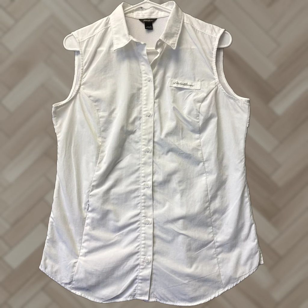 Eddie Bauer Eddie Bauer BLOUSE White BUTTON UP-SLEEVELESS-NO IRON Polyester NWOT /33-77 Size S / US 4 / IT 40 - 1 Thumbnail