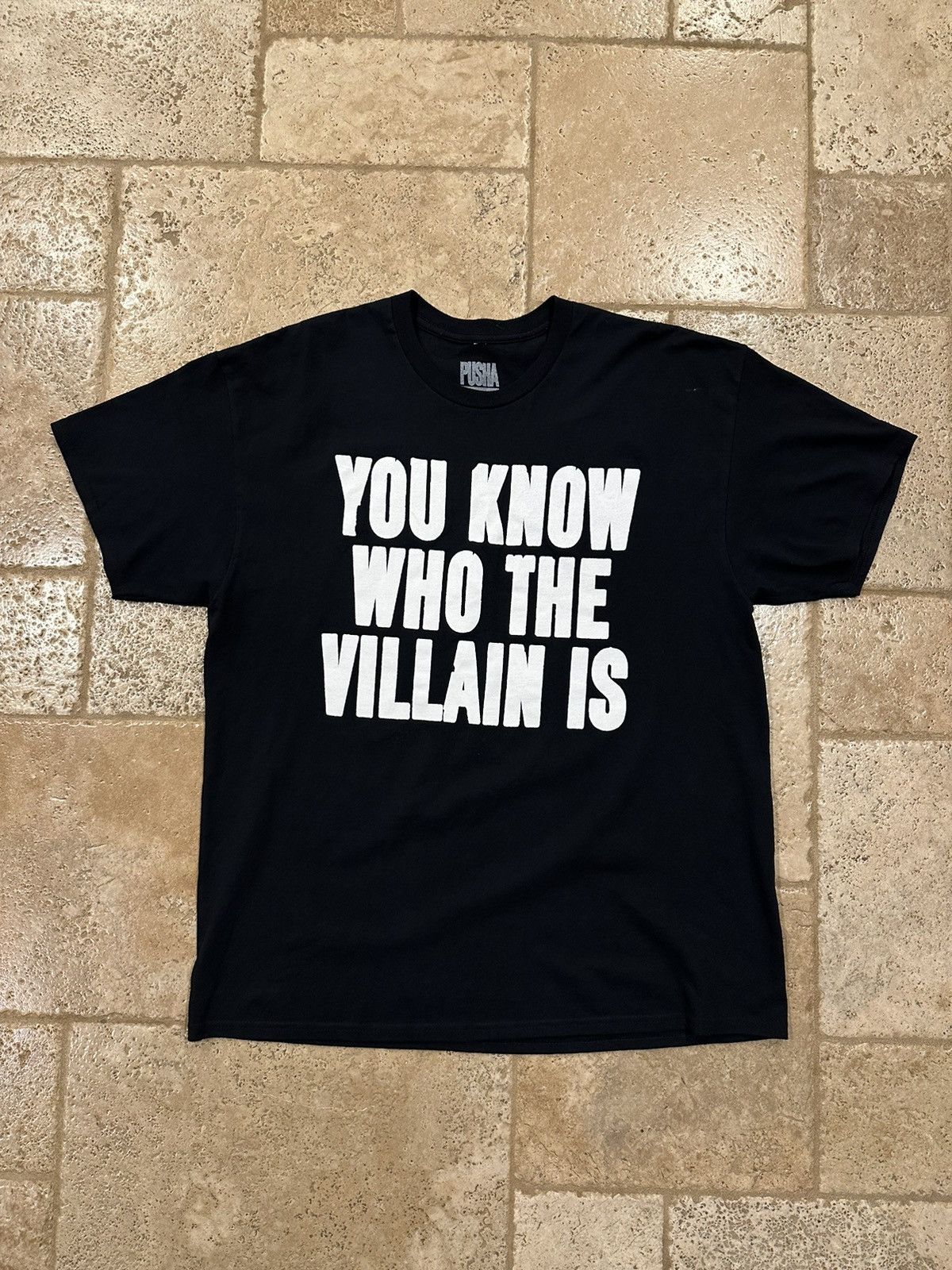 Image of Band Tees x Pusha T You Know Who The Villian Is It’S Almost Dry T-Shirt in Black, Men's (Size XL)