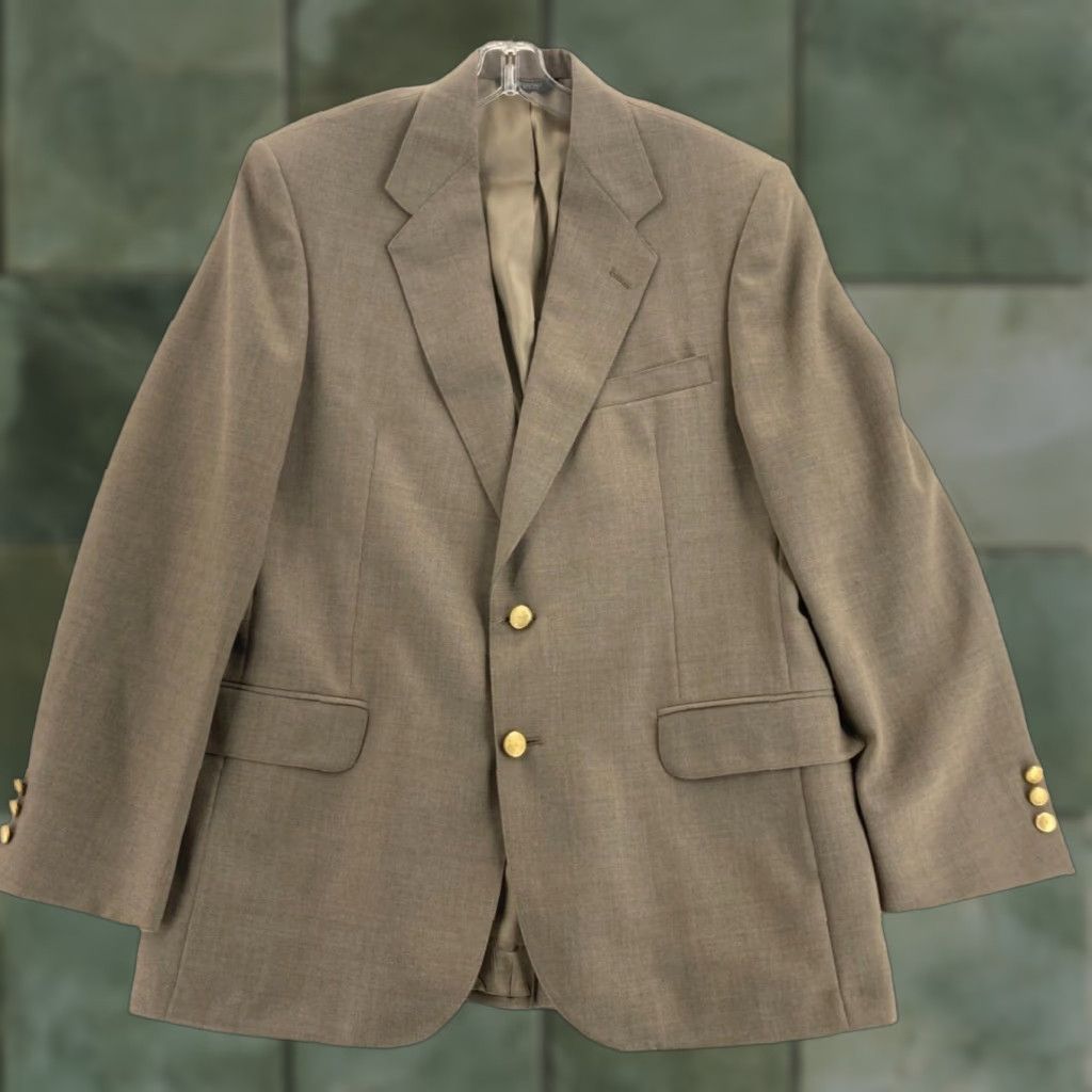 Vintage VINTAGE Wall Street Collection Blazer Mens 42 L Beige Jersey 2-Button Notch Lapel Long Sleeve Single-Breasted USA Made 90s Sport Theme Mens Size 42R - 1 Thumbnail