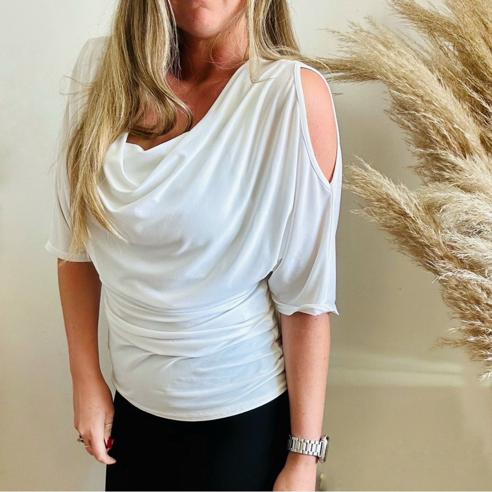 Joseph Ribkoff JOSEPH RIBKOFF White Ruche Cold Shoulder Blouse Shirt Top Size M / US 6-8 / IT 42-44 - 7 Thumbnail