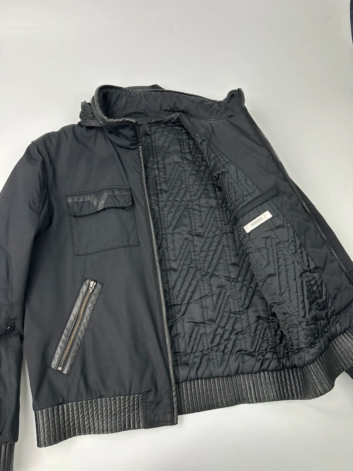 Versace Versace Black Cotton & Leather Padded Bomber Jacket Hoded Size US M / EU 48-50 / 2 - 12 Thumbnail