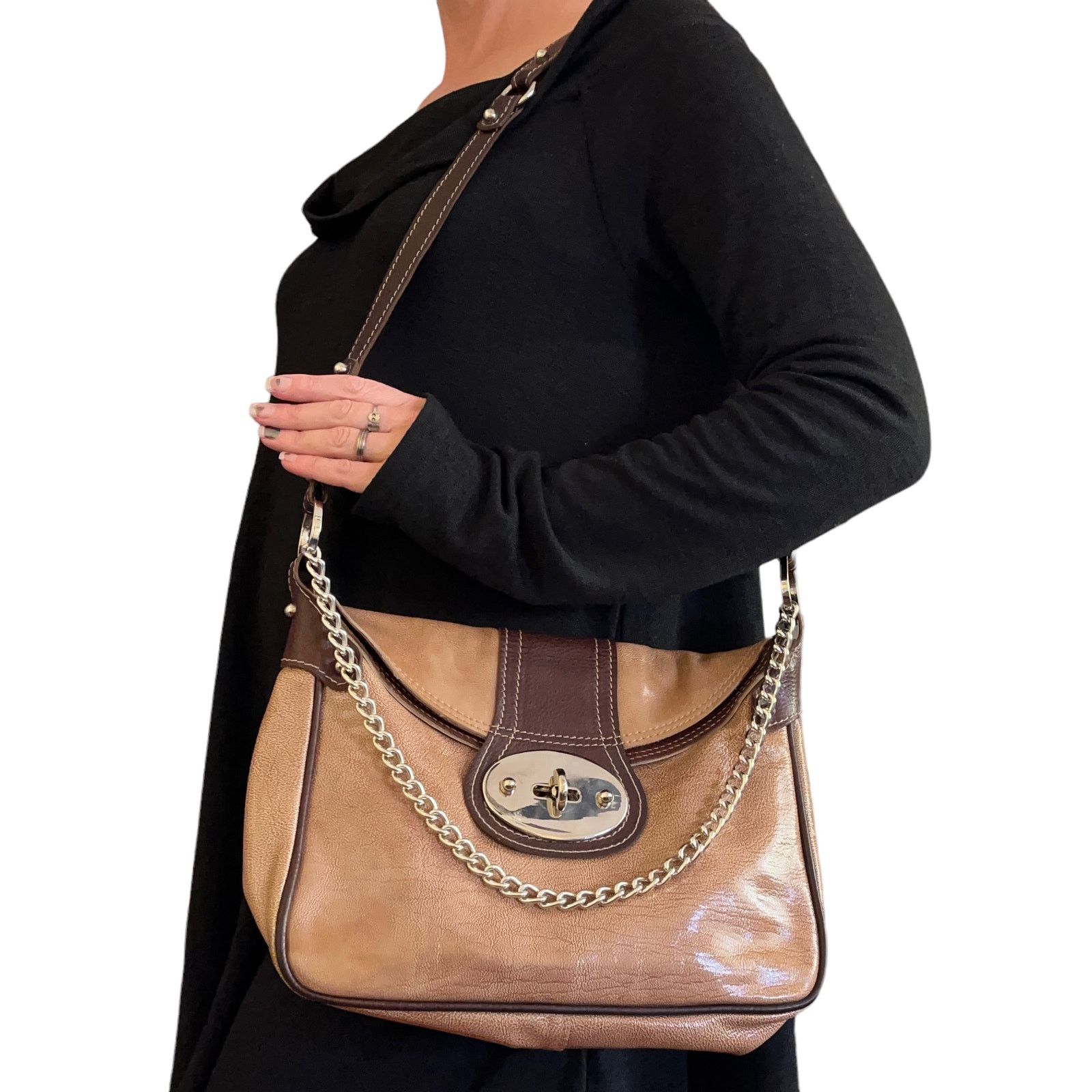 Other Vin Baker Tan Brown Patent Leather Chain Strap Satchel Bag Size ONE SIZE - 3 Thumbnail