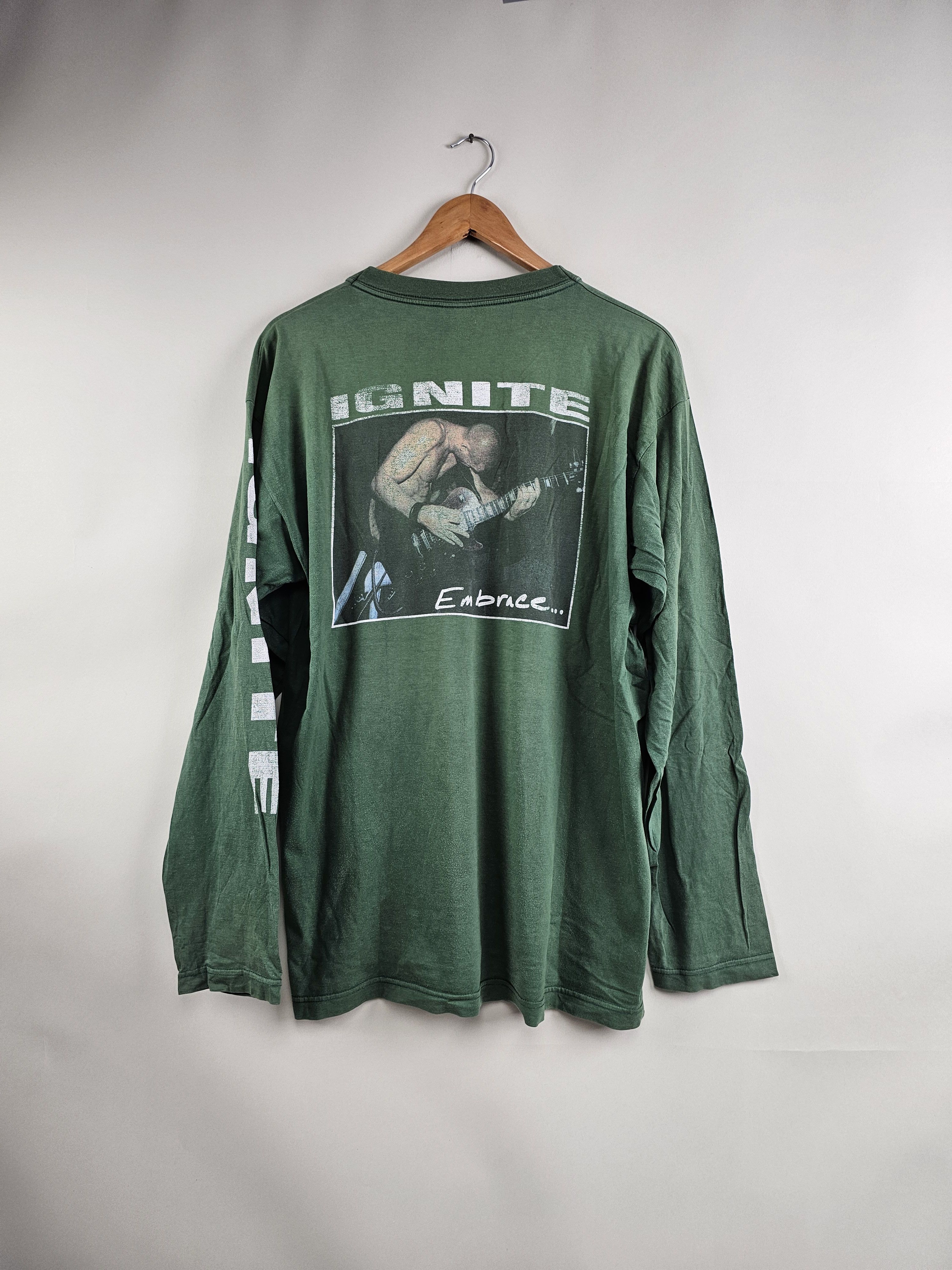 image of Band Tees x Rock Tees 90's Ignite Embrace Long Sleeve Nyhc Punk Hardcore XL 23" 30" in Green, Men's
