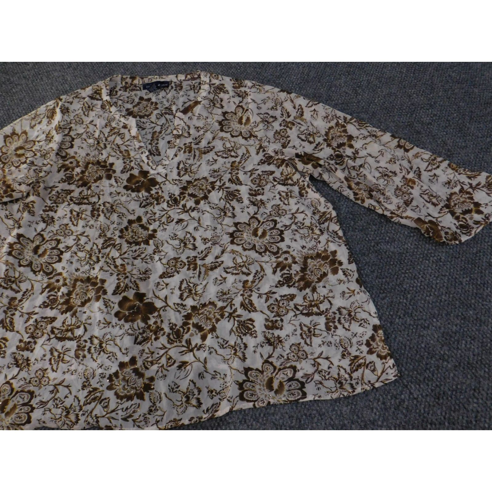 Vintage Susan Graver Shirt Womens 3X Brown Floral Tunic 3/4 Sleeve Lightweight Sheer Size XXL / US 16-18 / IT 52-54 - 5 Thumbnail