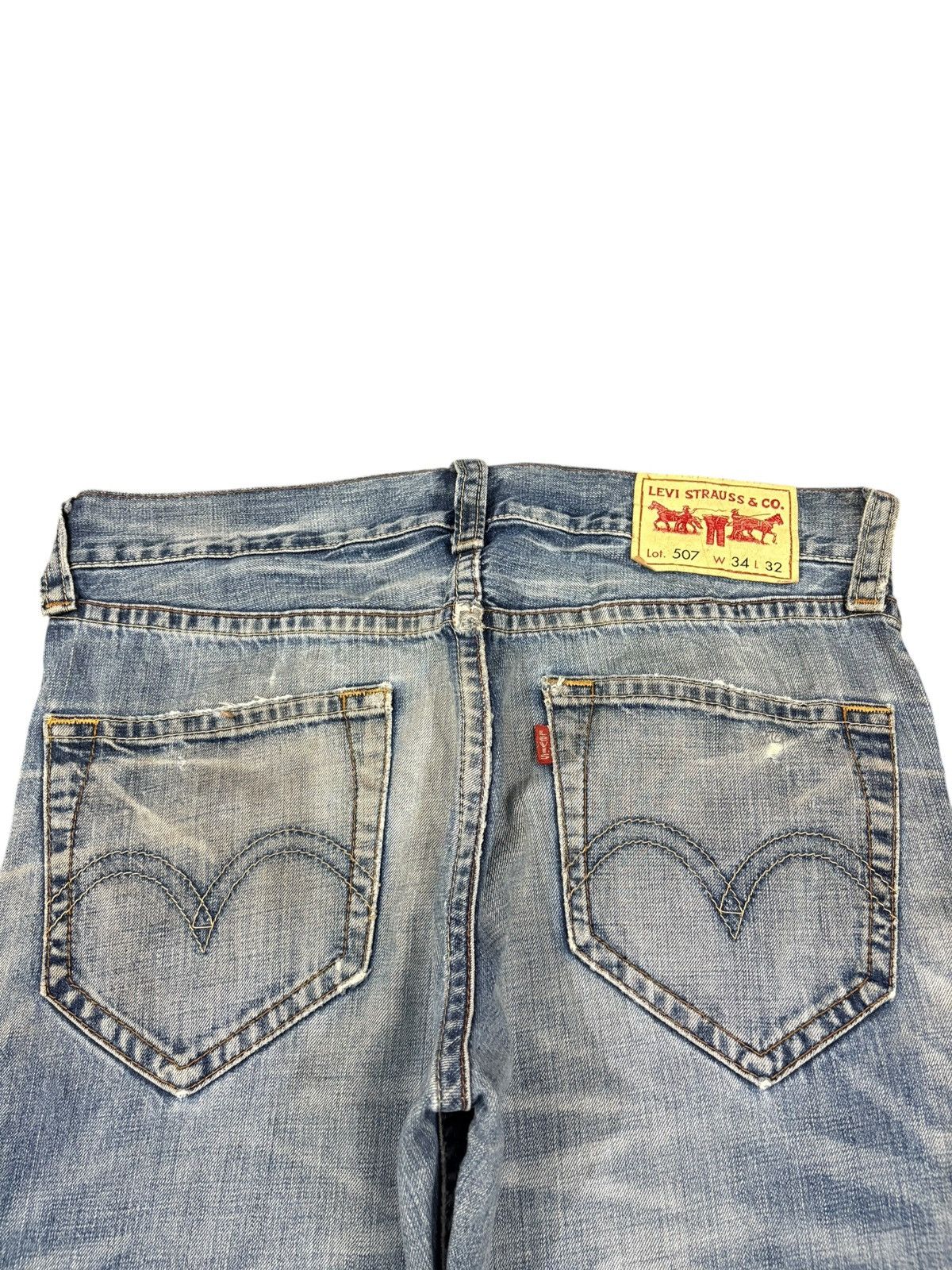Vintage 90s Levis 507 Blue Wash Distressed Flare Jeans