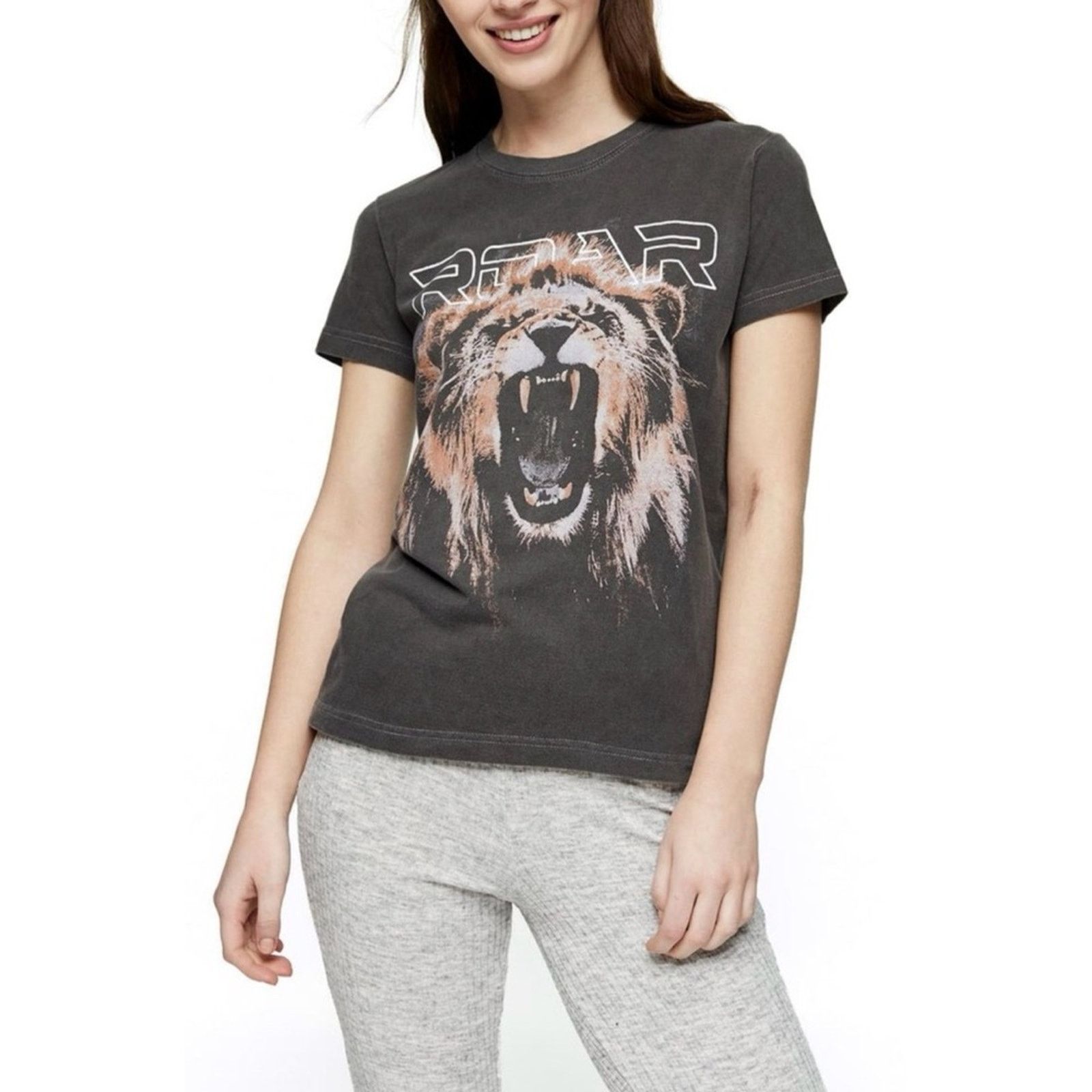 Topshop TOPSHOP • Grey Lion “Roar” Short Sleeve Graphic Tee Size S / US 4 / IT 40 - 13 Thumbnail