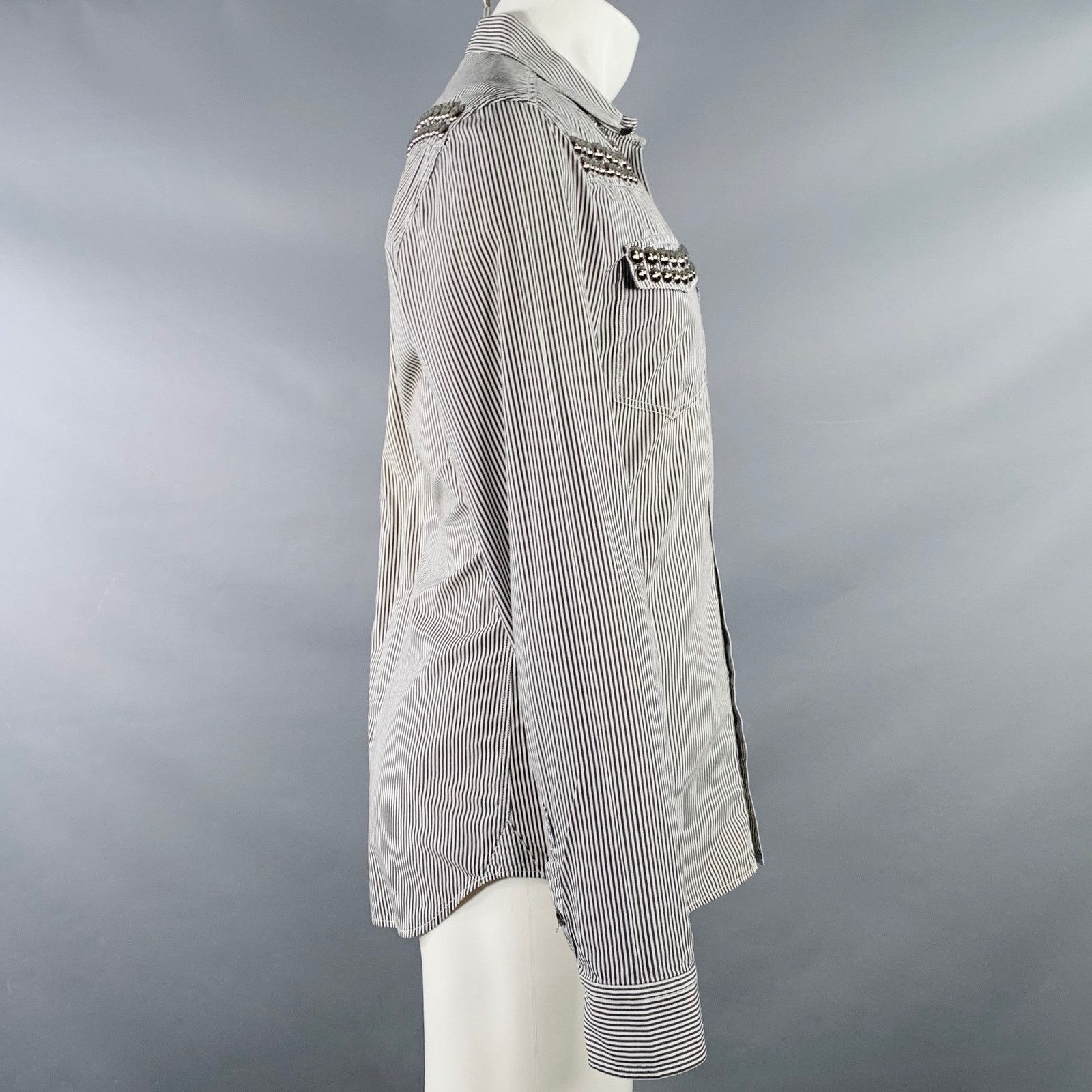 Pierre Balmain Silver Black White Stripe Studded Cotton Long Sleeve Shirt Size US M / EU 48-50 / 2 - 3 Thumbnail
