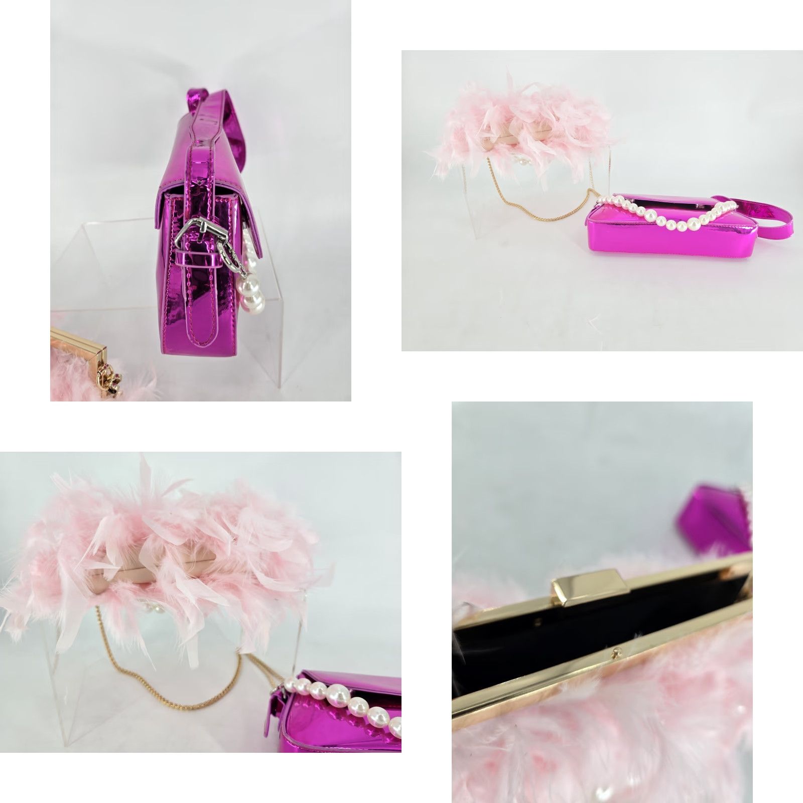 2 lot Feather Clutches Purses Women Bag Pearl Fluffy Evening Handbags Hot Pink