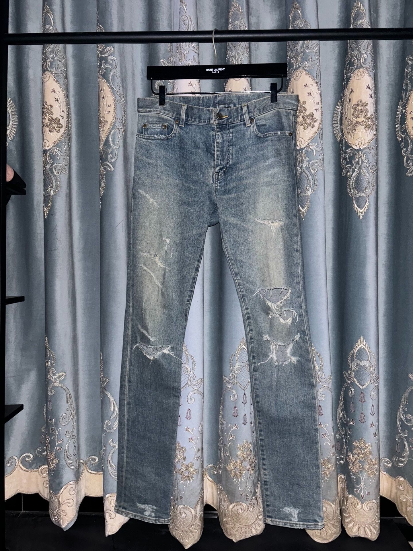Saint Laurent Paris Saint Laurent Distressed Light Blue Denim Pants Size US 31 - 1 Thumbnail