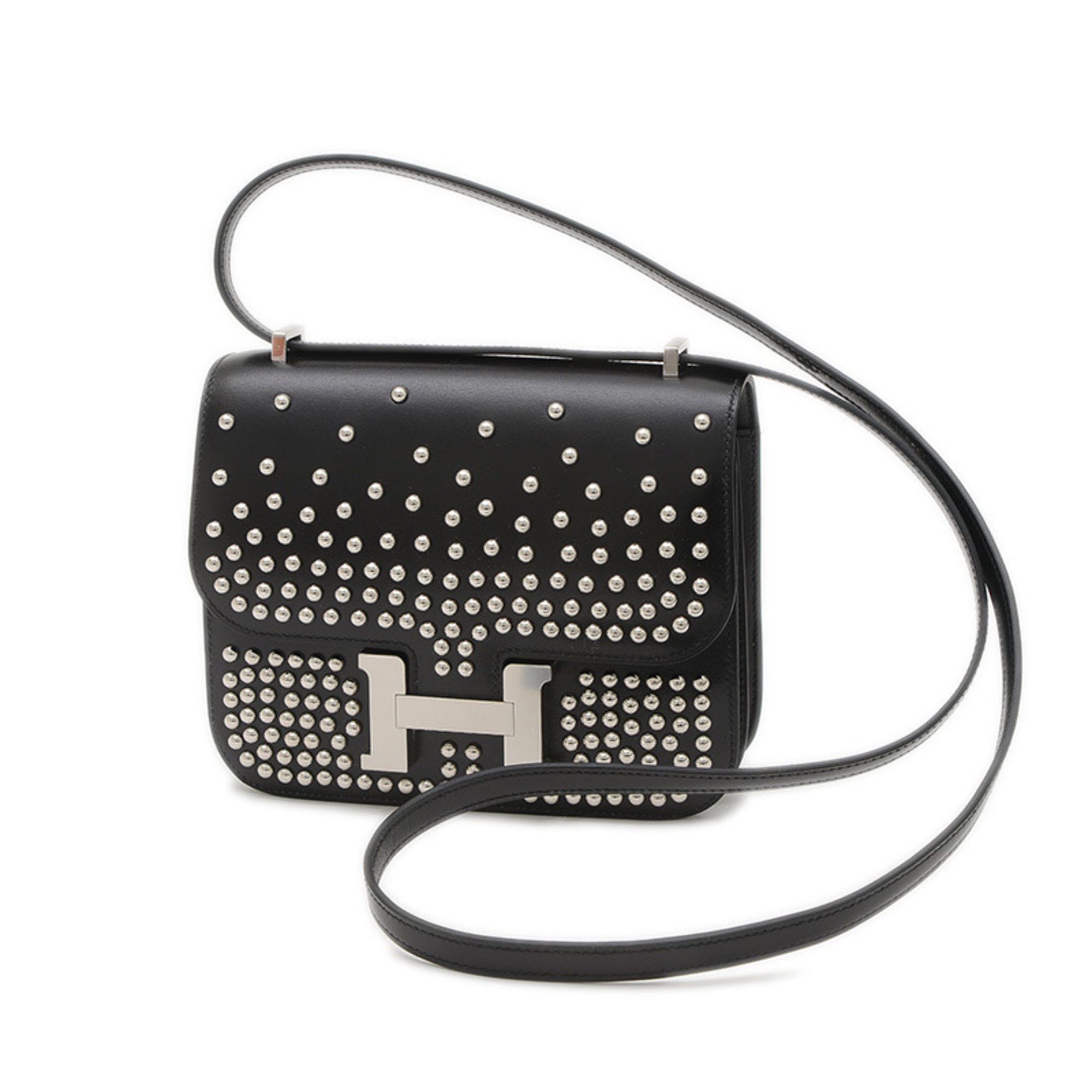 Hermes Constance Mini 18 Cloute Miroir Shoulder Bag Box Calf Black Silver Hardware, Women's