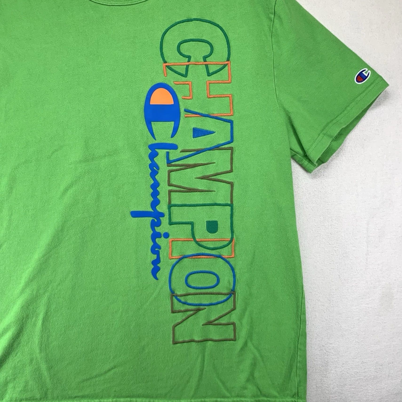 Champion VINTAGE Champion Men's T-Shirt Crew Neck Short Sleeve Neon Green Logo Embroidered Cotton All Seasons L Size US L / EU 52-54 / 3 - 2 Thumbnail
