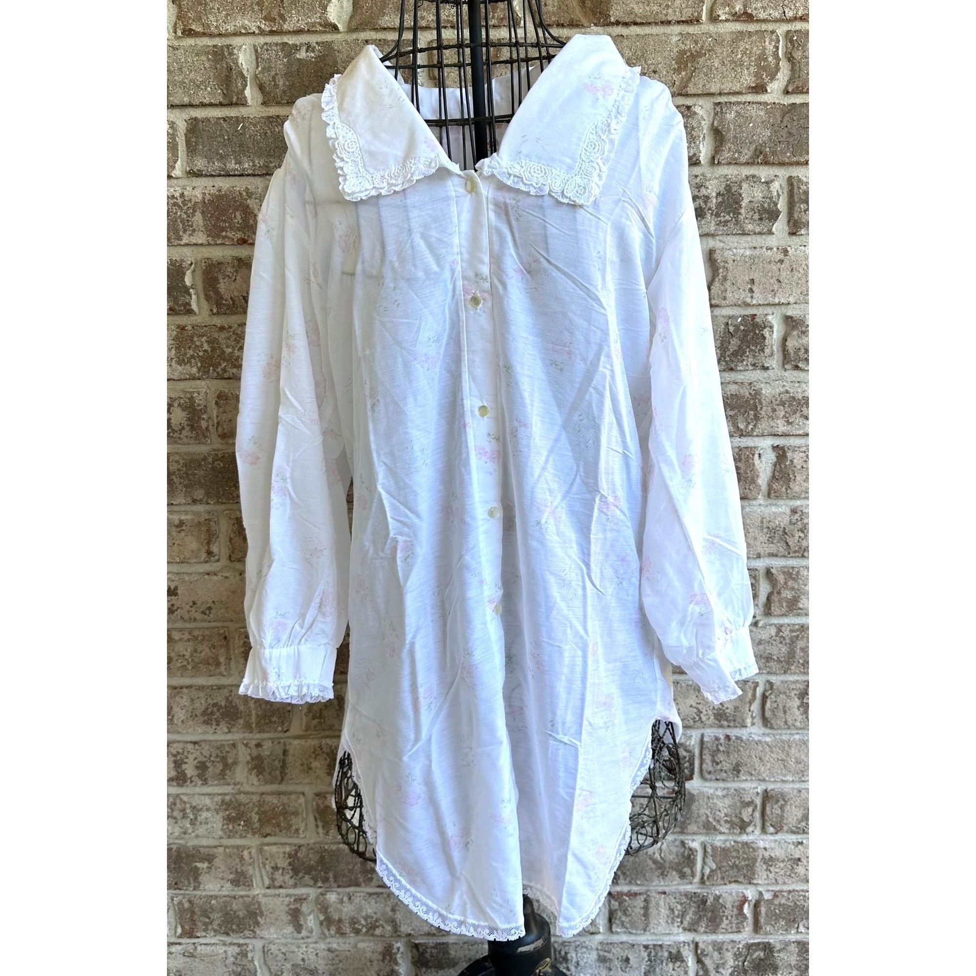 Designer × Vintage VTG Barbizon Nightgown Large Midi Night Shirt White Floral U Size L / US 10 / IT 46 - 1 Thumbnail
