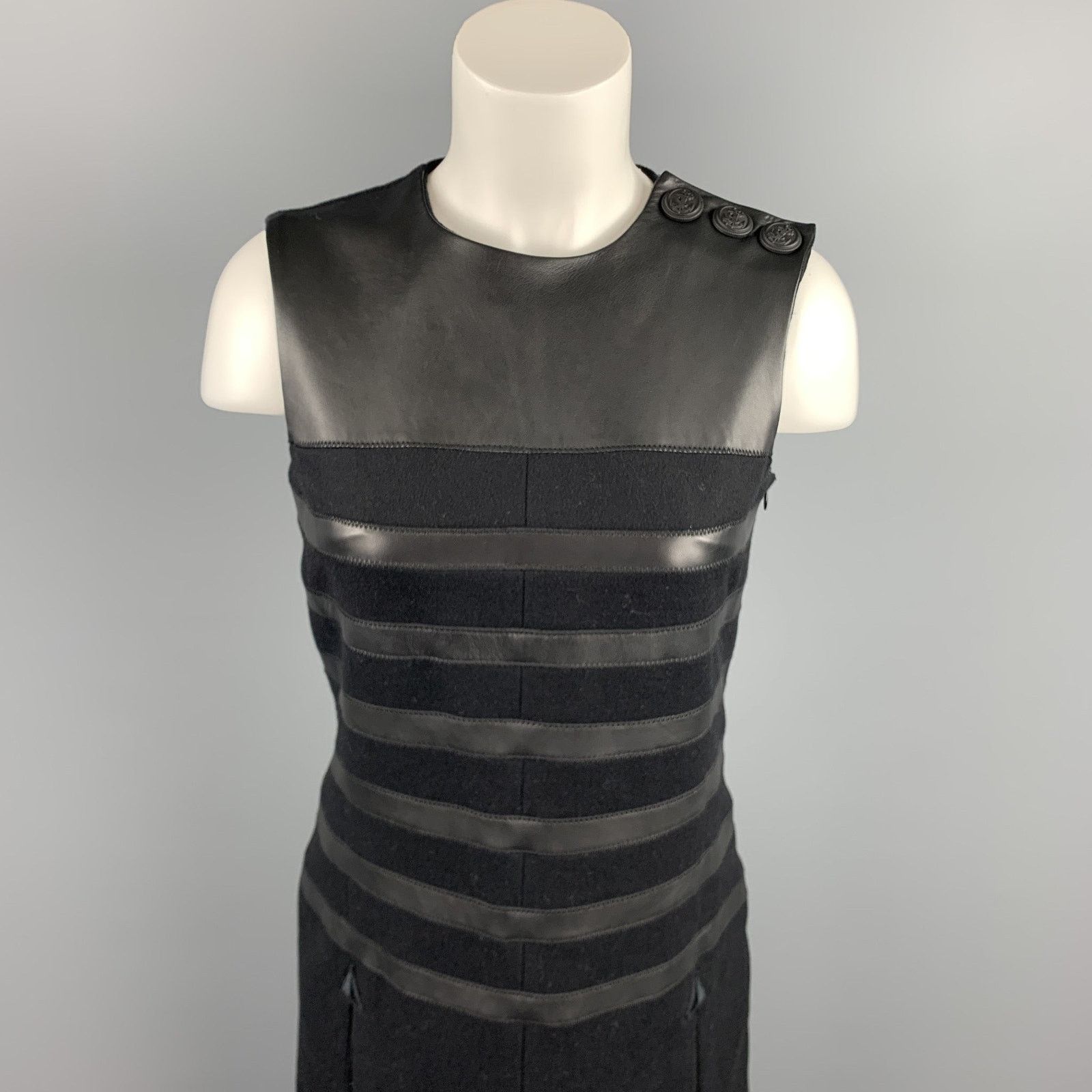 Other GAULTIER 2 Size 6 Black Virgin Wool Leather Trim Shift Dress Size M / US 6-8 / IT 42-44 - 2 Thumbnail