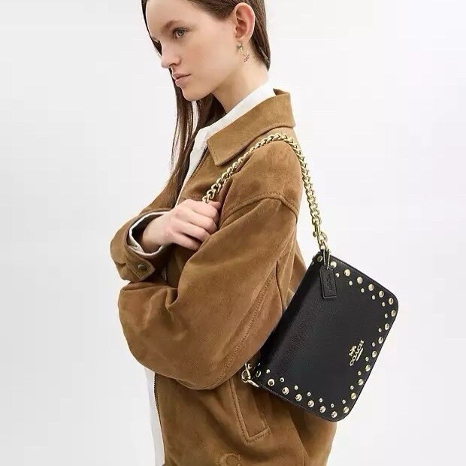 Coach NWT Coach Quinn Leather Handbag Rivets Crossbody Gold/Black Size ONE SIZE - 7 Thumbnail